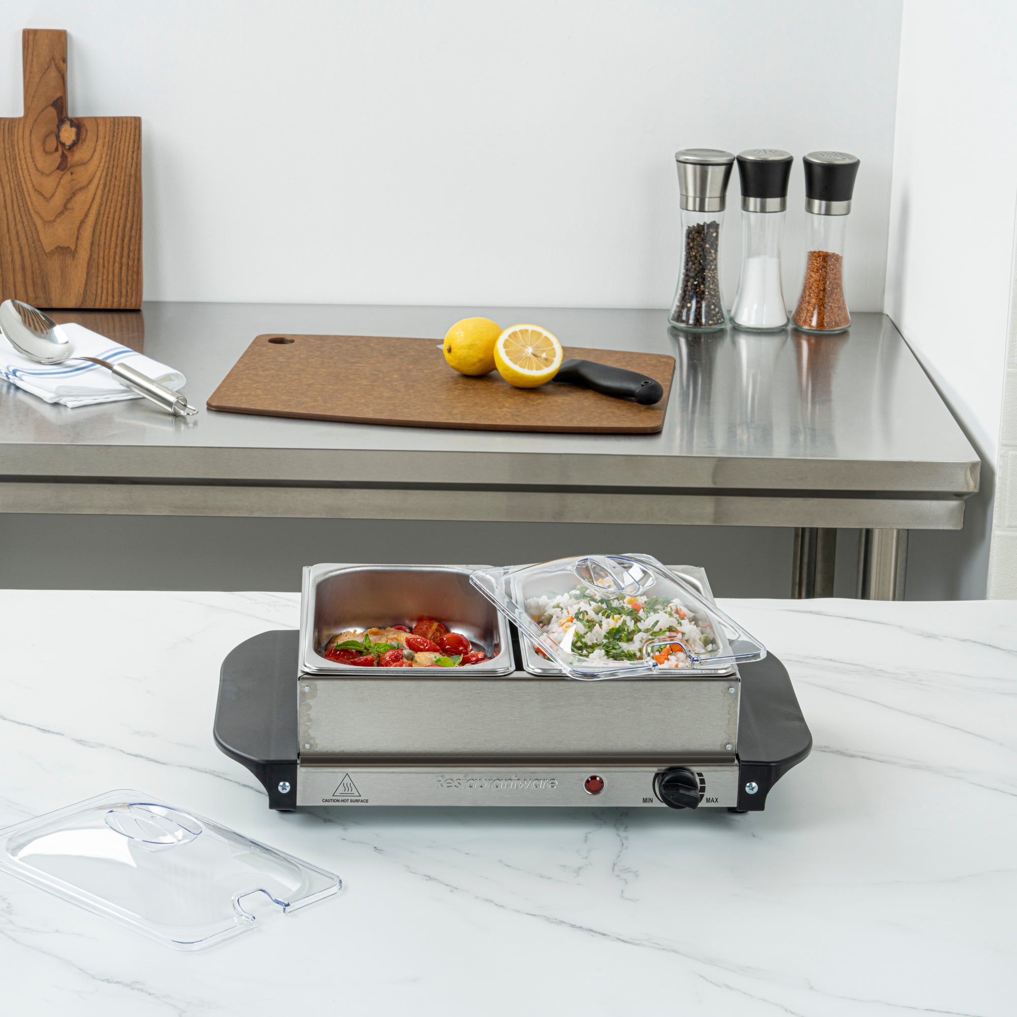 Kitchen Tek Stainless Steel Buffet Server and Food Warmer - 120V, with (2) 1.5 Qt Buffet Pans - 1 count box