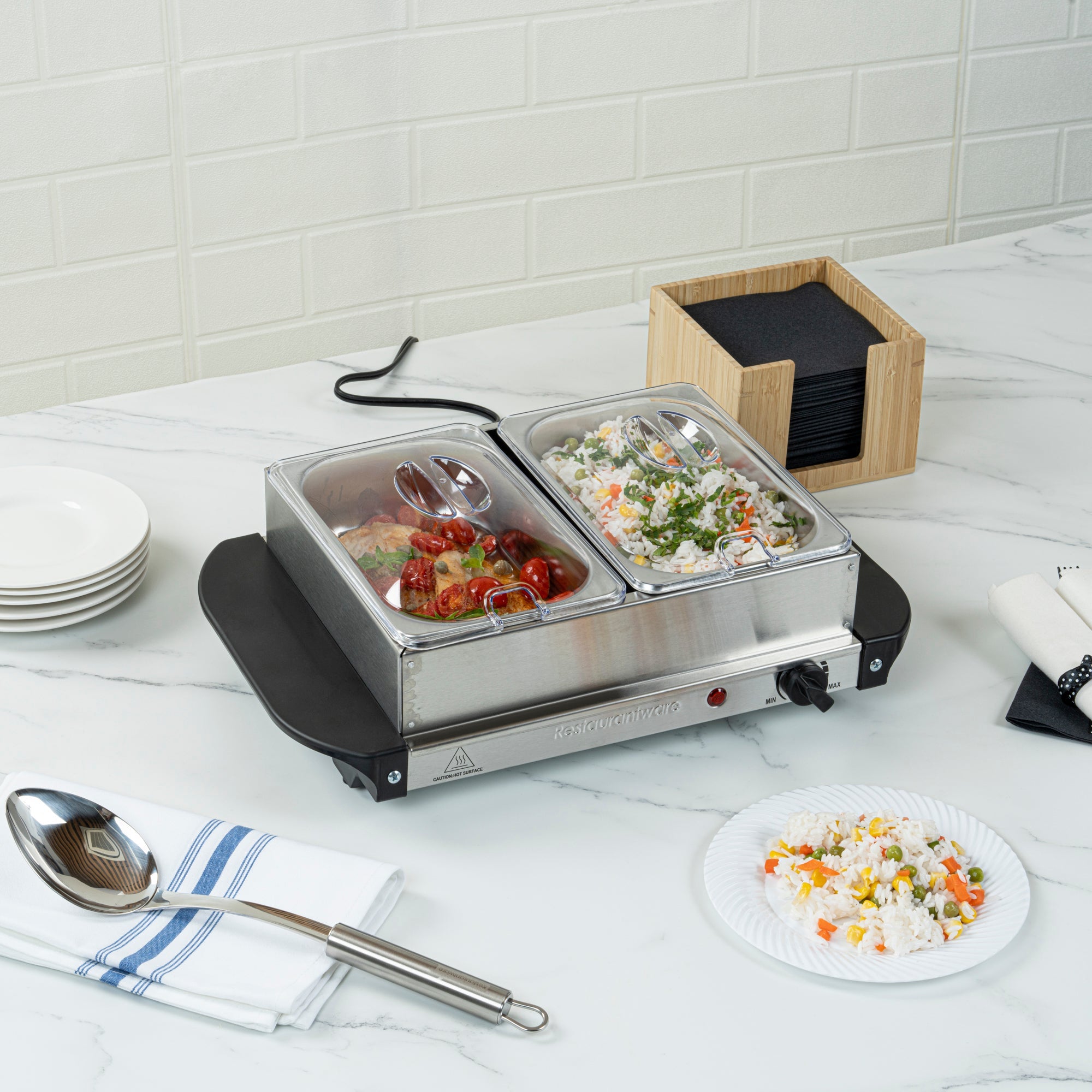 Kitchen Tek Stainless Steel Buffet Server and Food Warmer - 120V, with (2) 1.5 Qt Buffet Pans - 1 count box