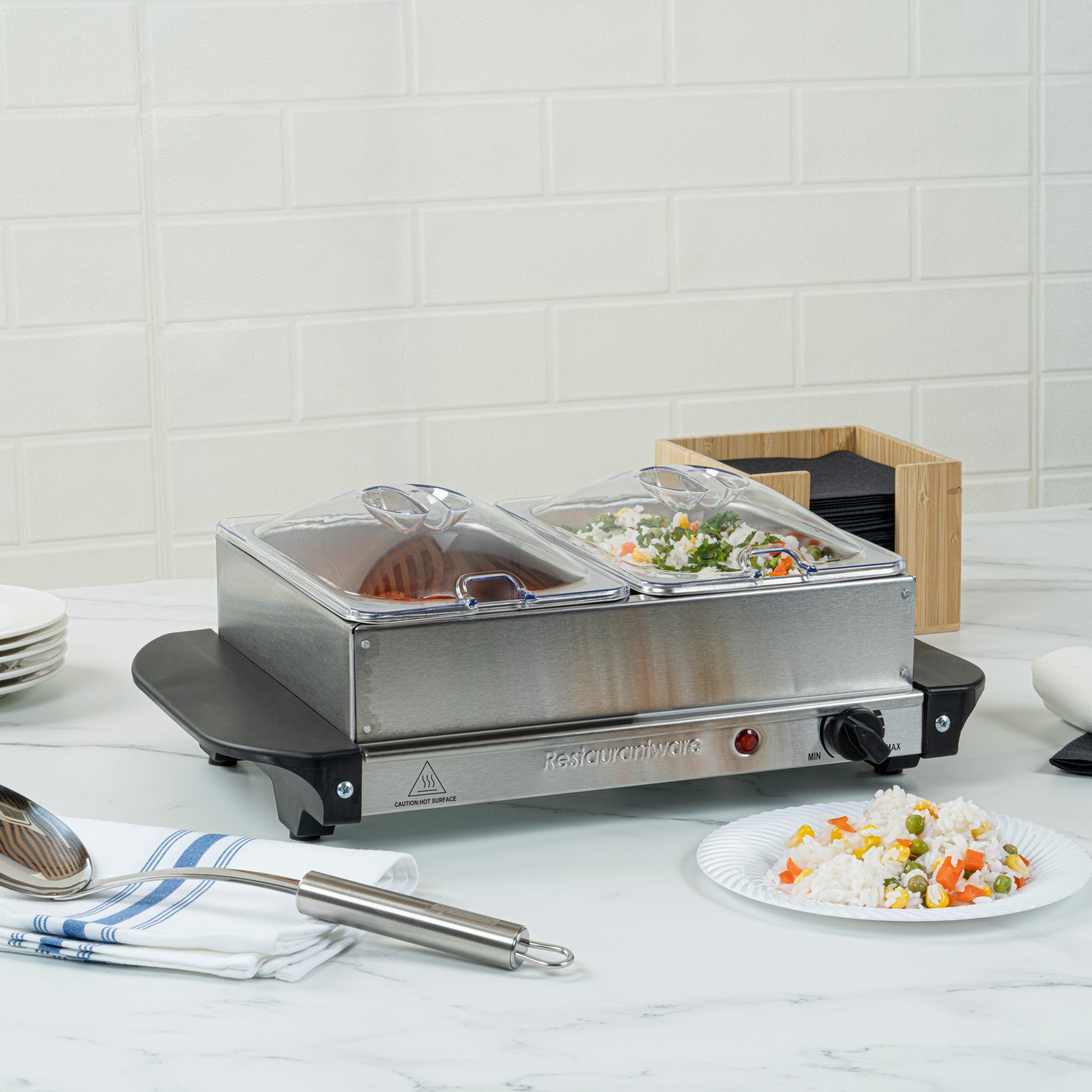 Kitchen Tek Stainless Steel Buffet Server and Food Warmer - 120V, with (2) 1.5 Qt Buffet Pans - 1 count box