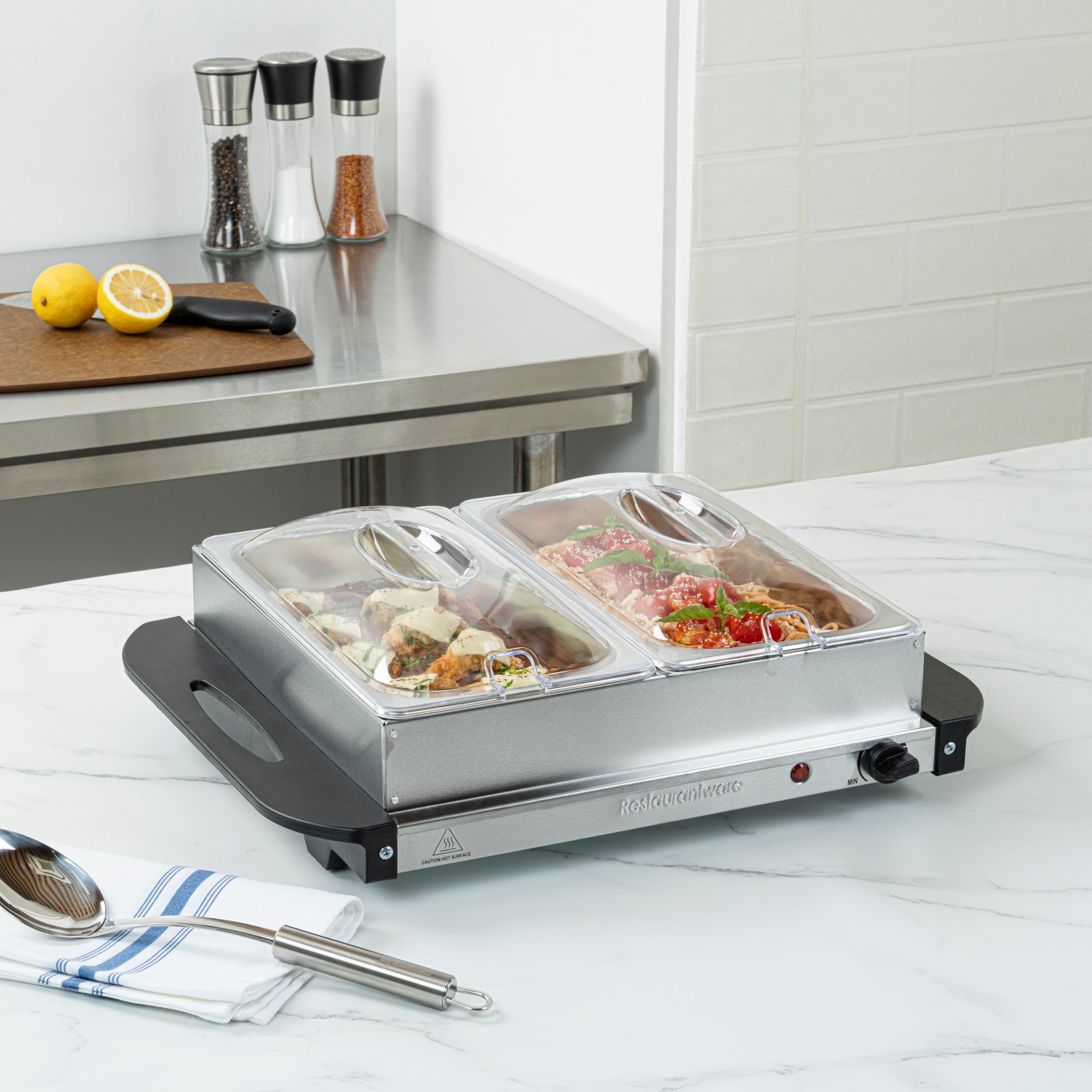 Kitchen Tek Stainless Steel Buffet Server and Food Warmer - 120V, with (2) 2.5 Qt Buffet Pans - 1 count box