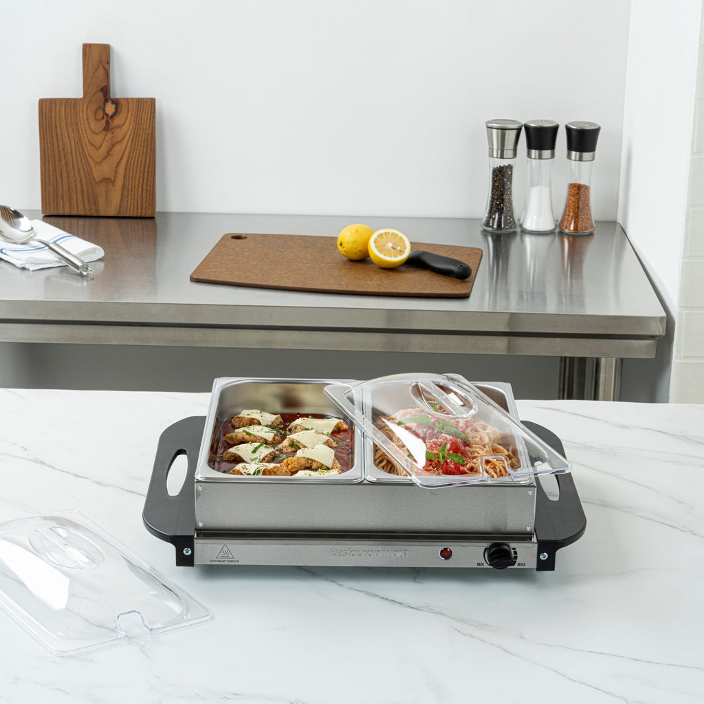 Kitchen Tek Stainless Steel Buffet Server and Food Warmer - 120V, with (2) 2.5 Qt Buffet Pans - 1 count box