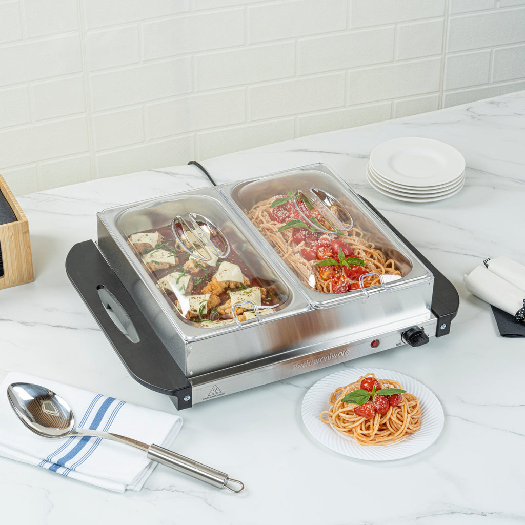 Kitchen Tek Stainless Steel Buffet Server and Food Warmer - 120V, with (2) 2.5 Qt Buffet Pans - 1 count box
