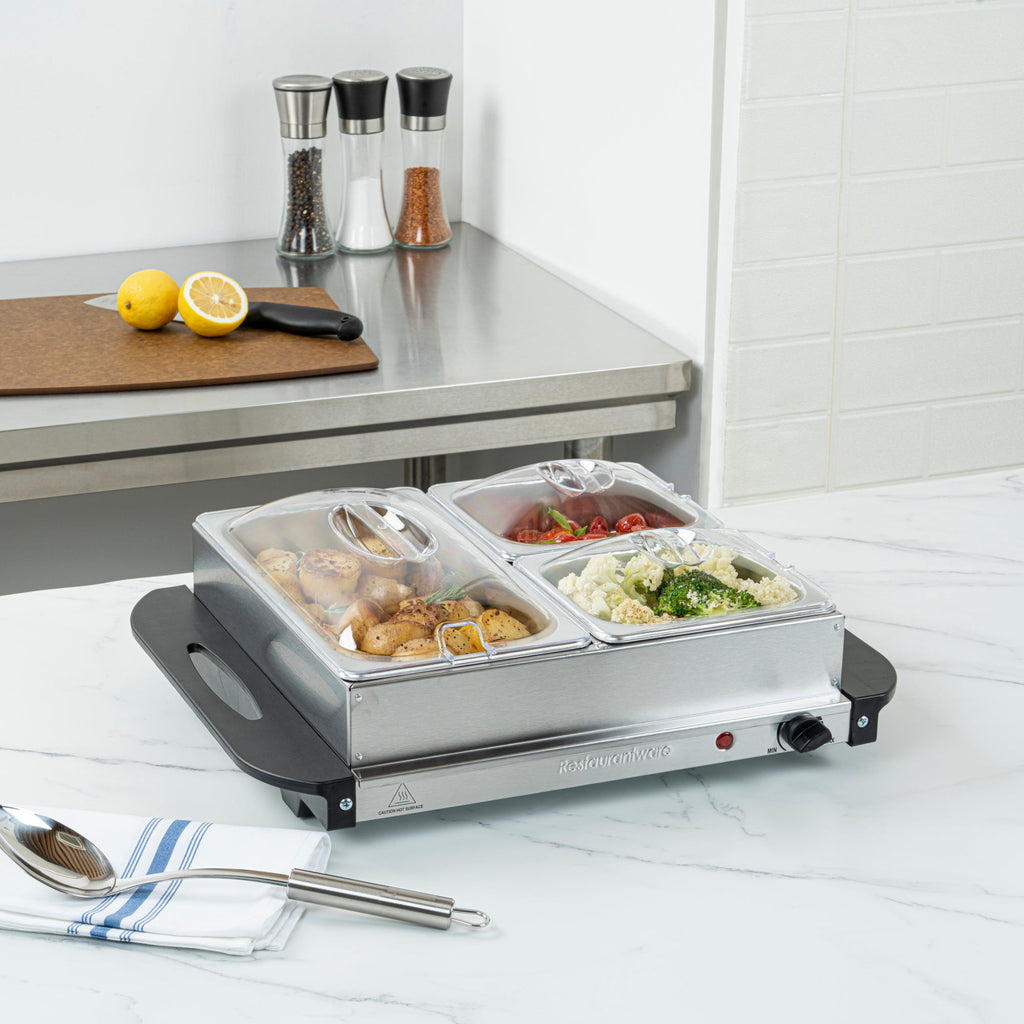 Kitchen Tek Stainless Steel Buffet Server and Food Warmer - 120V, with (2) 1 Qt and (1) 2.5 Qt Buffet Pans - 1 count box