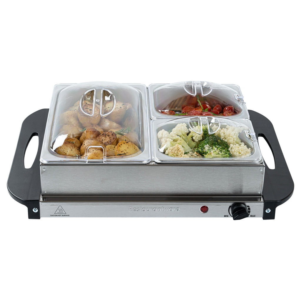 Kitchen Tek Stainless Steel Buffet Server and Food Warmer - 120V, with (2) 1 Qt and (1) 2.5 Qt Buffet Pans - 1 count box