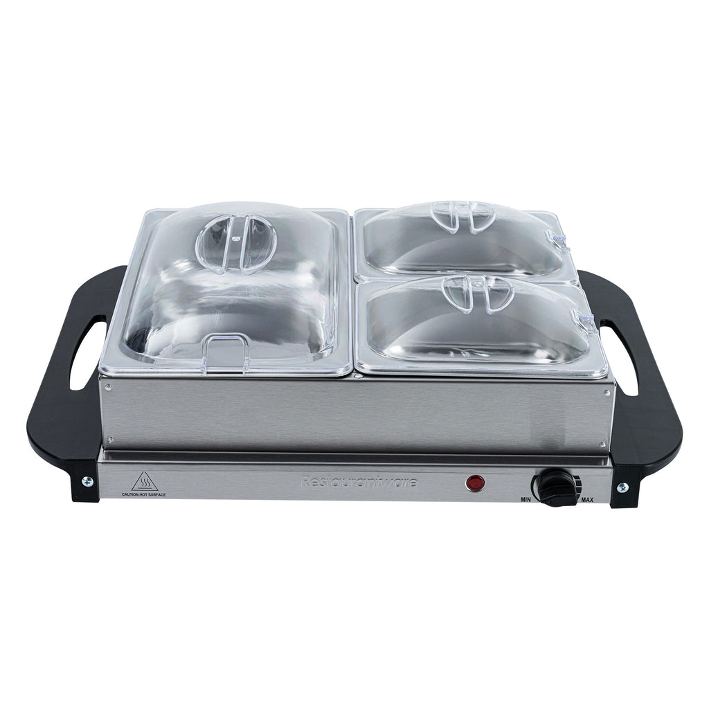 Kitchen Tek Stainless Steel Buffet Server and Food Warmer - 120V, with (2) 1 Qt and (1) 2.5 Qt Buffet Pans - 1 count box