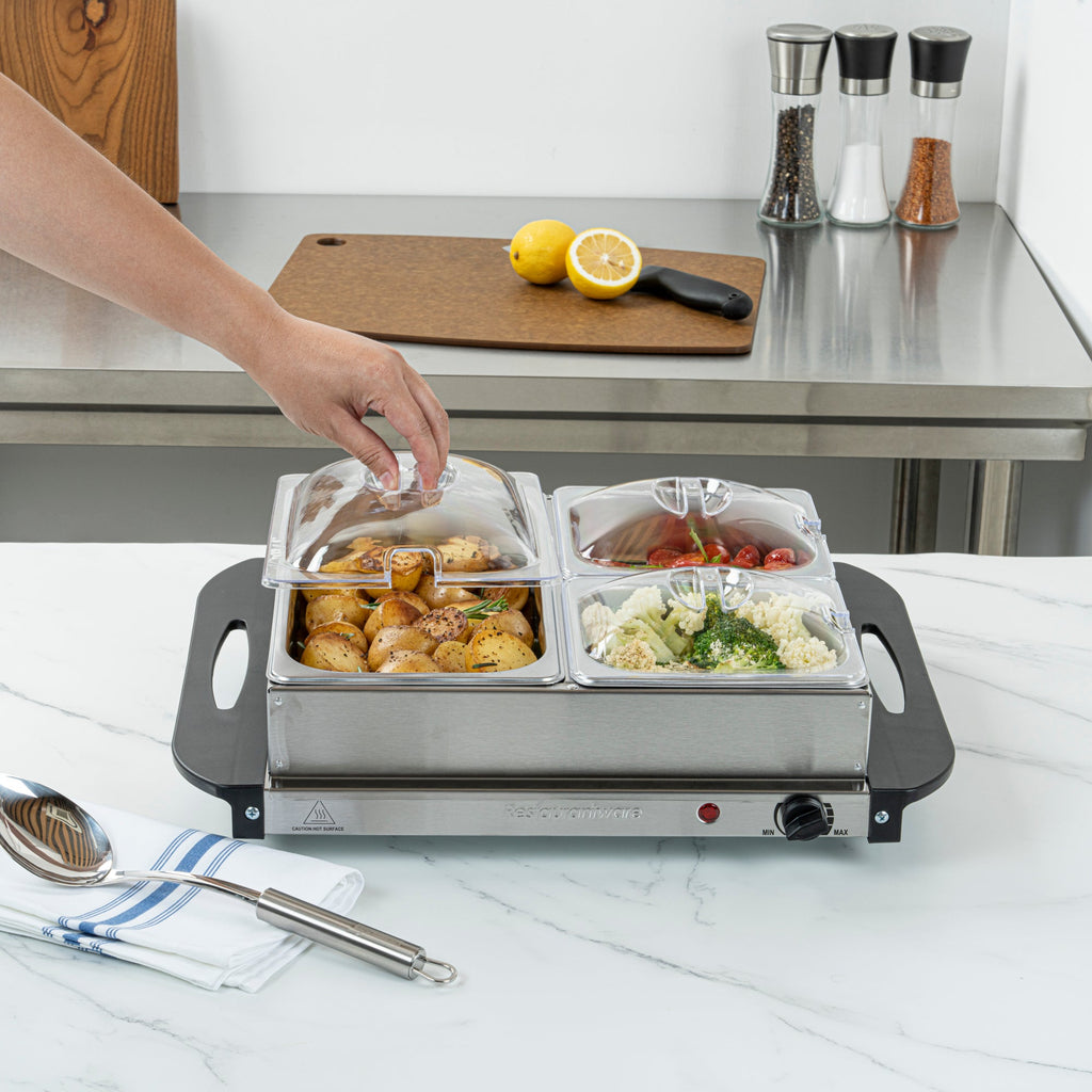 Kitchen Tek Stainless Steel Buffet Server and Food Warmer - 120V, with (2) 1 Qt and (1) 2.5 Qt Buffet Pans - 1 count box
