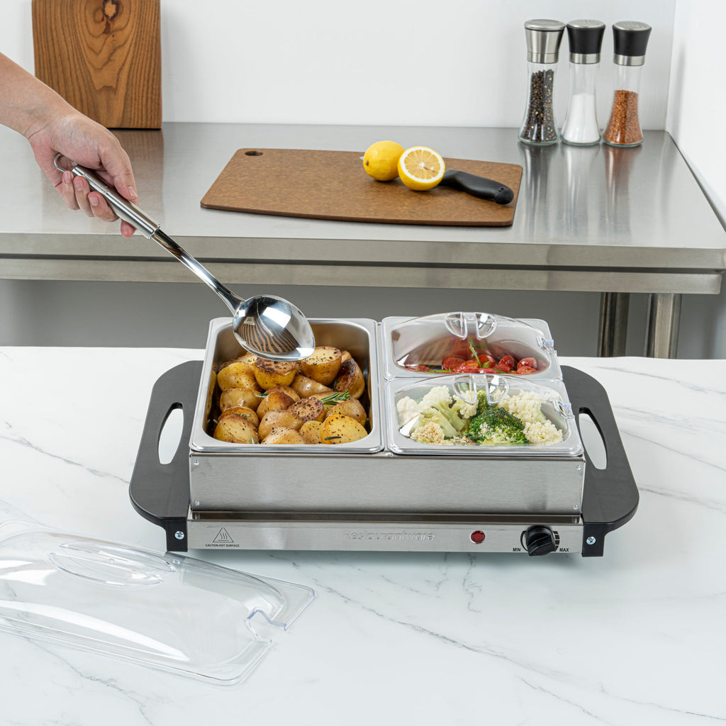 Kitchen Tek Stainless Steel Buffet Server and Food Warmer - 120V, with (2) 1 Qt and (1) 2.5 Qt Buffet Pans - 1 count box