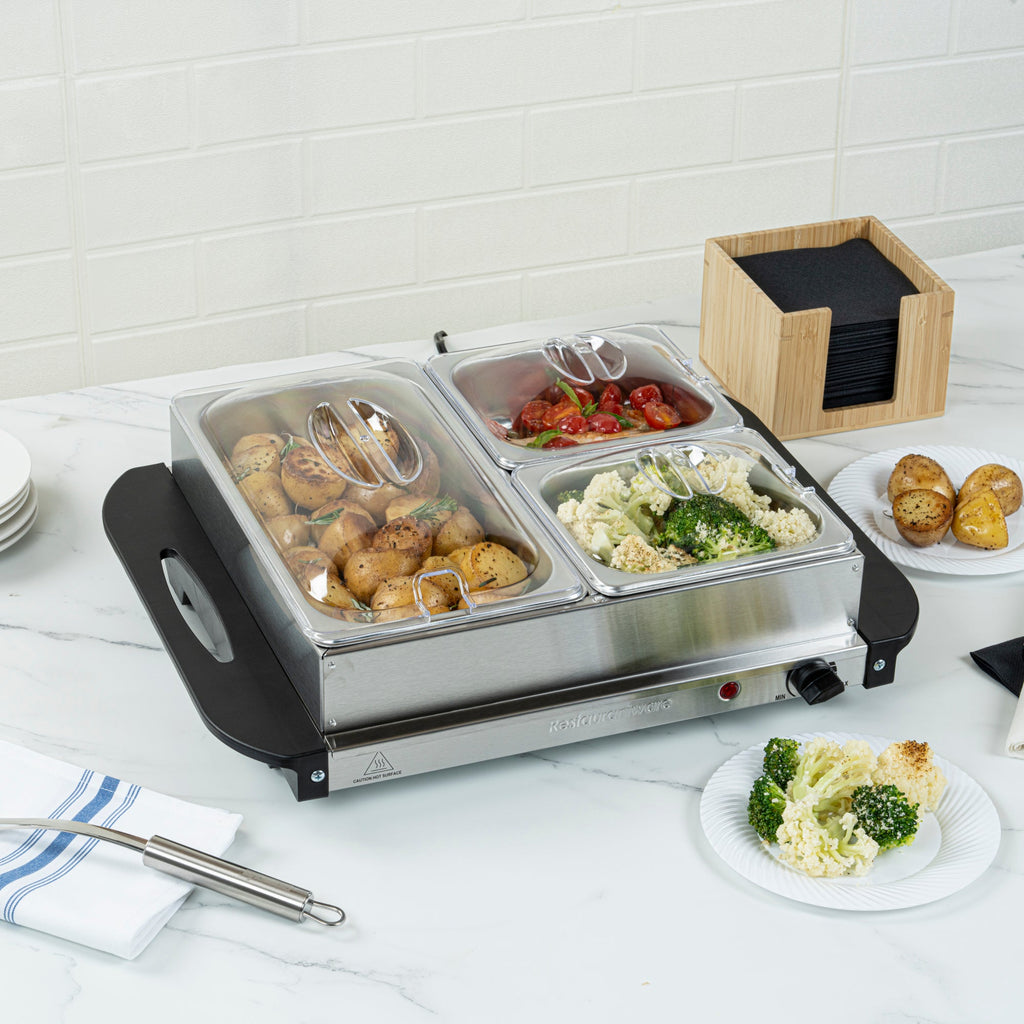 Kitchen Tek Stainless Steel Buffet Server and Food Warmer - 120V, with (2) 1 Qt and (1) 2.5 Qt Buffet Pans - 1 count box