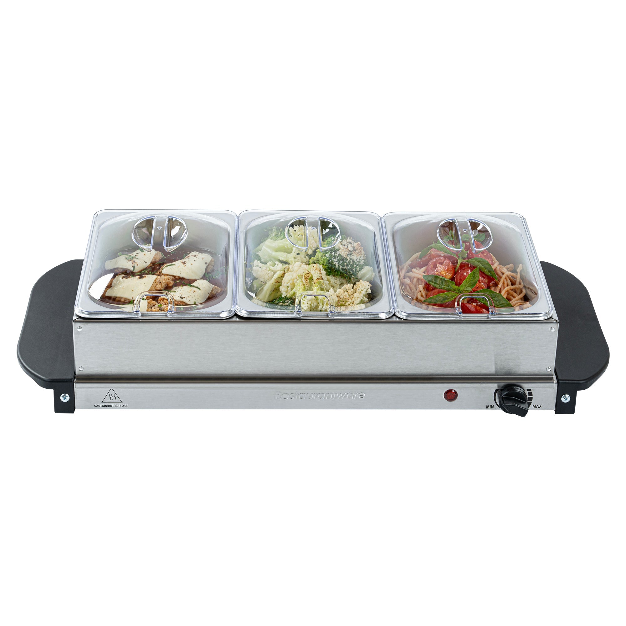 Kitchen Tek Stainless Steel Buffet Server and Food Warmer - 120V, with (3) 1.5 Qt Buffet Pans - 1 count box