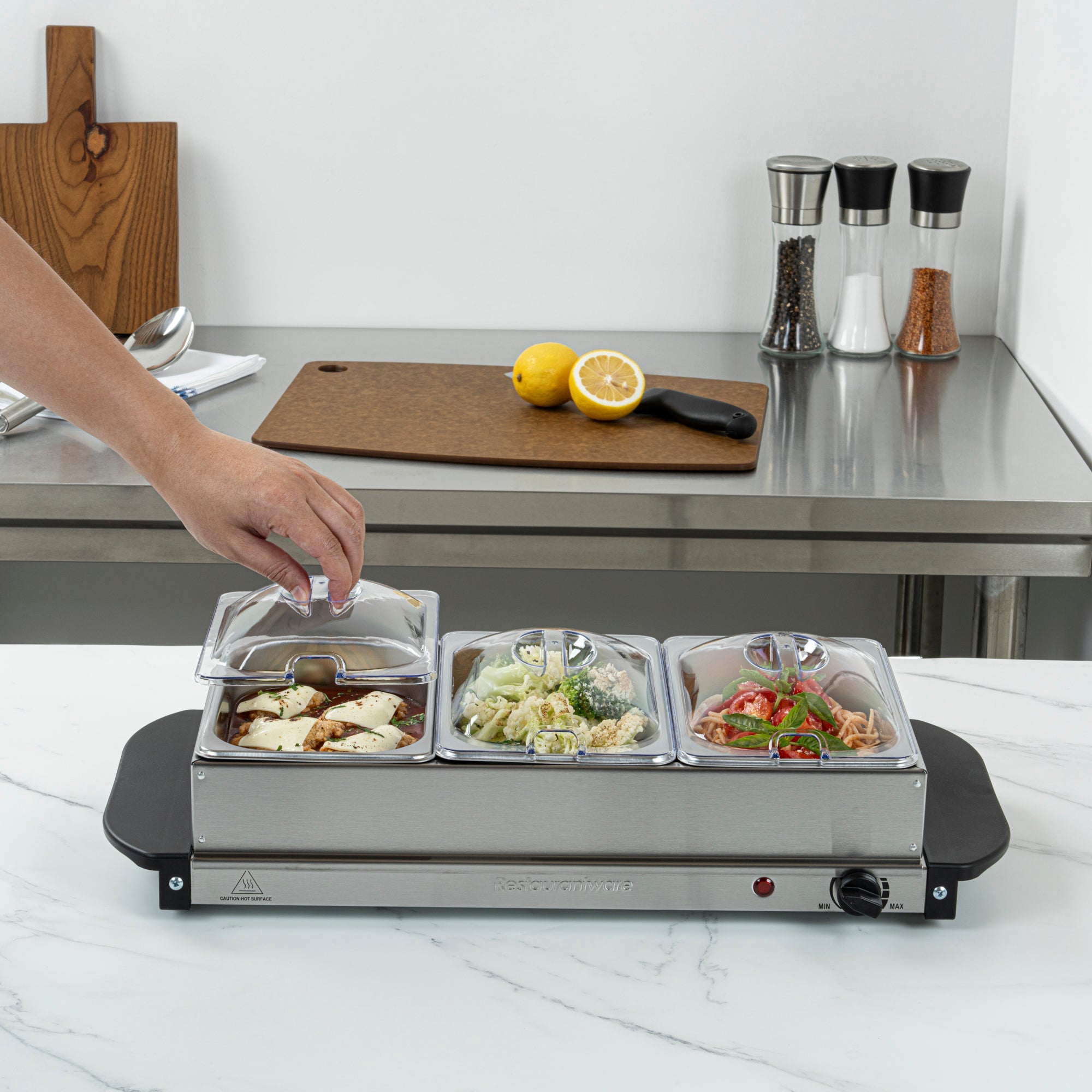 Kitchen Tek Stainless Steel Buffet Server and Food Warmer - 120V, with (3) 1.5 Qt Buffet Pans - 1 count box