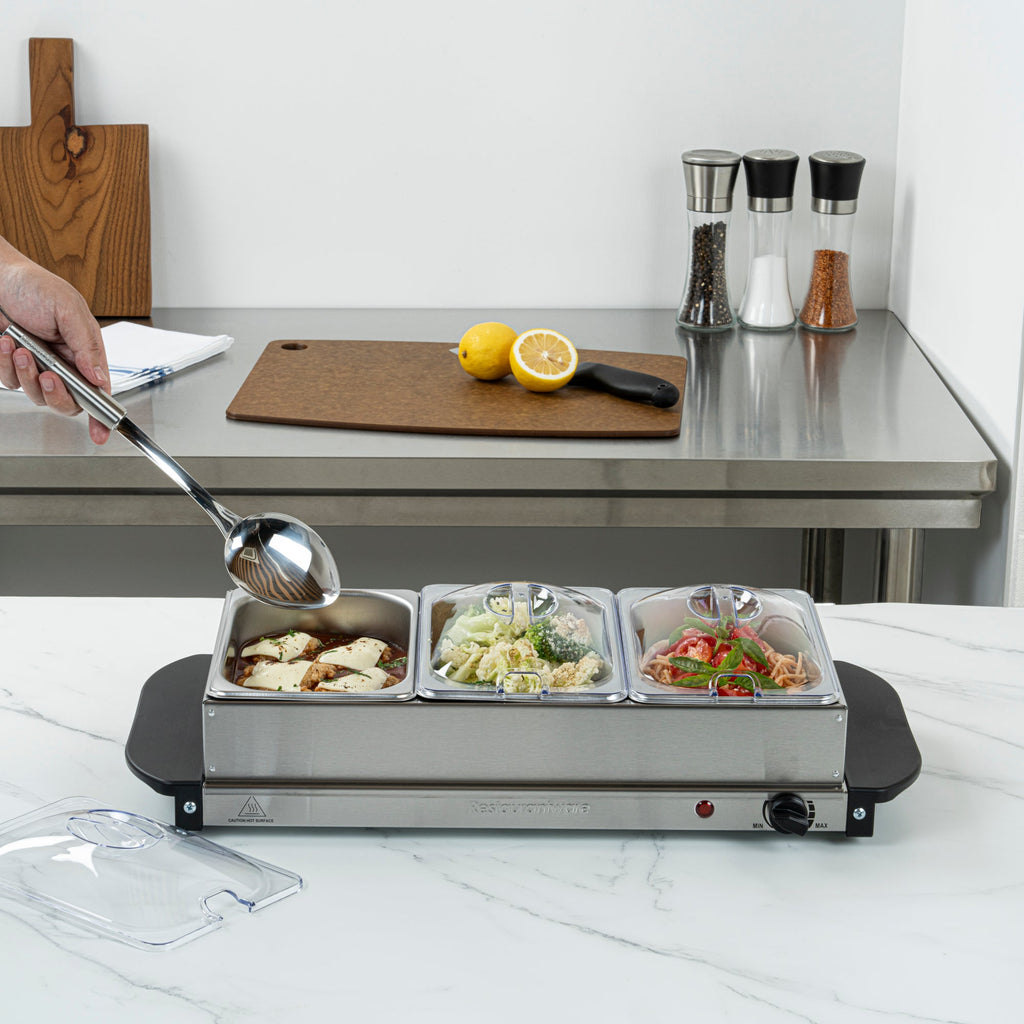 Kitchen Tek Stainless Steel Buffet Server and Food Warmer - 120V, with (3) 1.5 Qt Buffet Pans - 1 count box