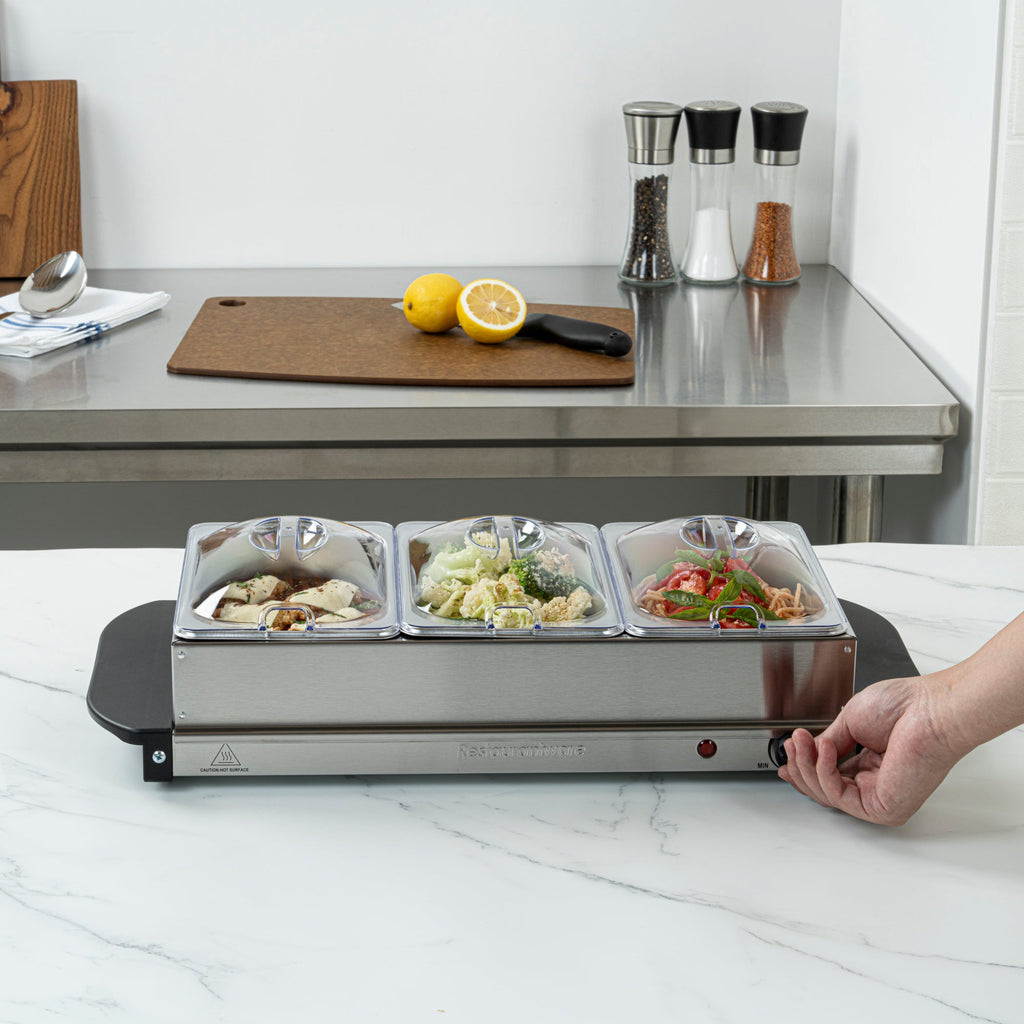 Kitchen Tek Stainless Steel Buffet Server and Food Warmer - 120V, with (3) 1.5 Qt Buffet Pans - 1 count box