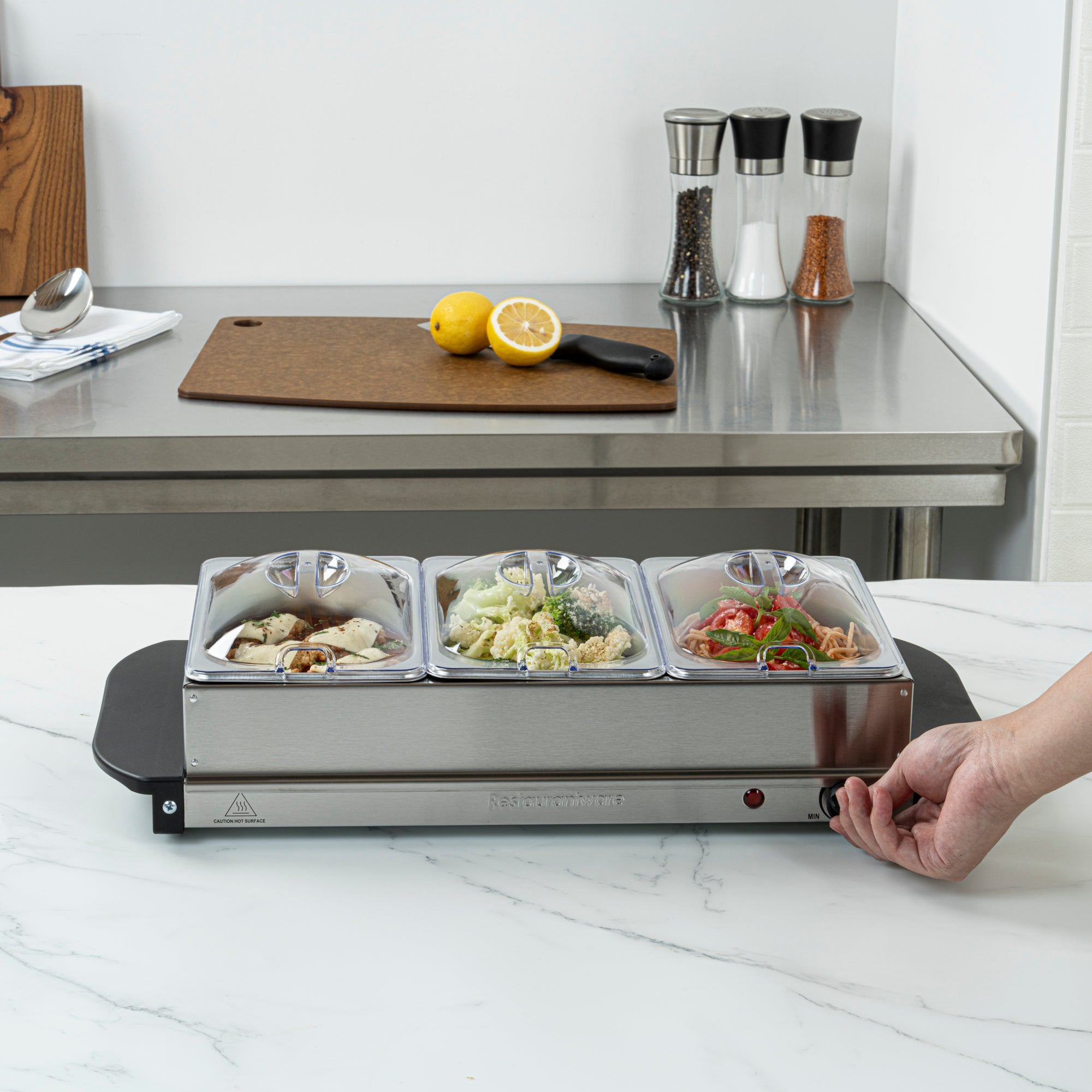 Kitchen Tek Stainless Steel Buffet Server and Food Warmer - 120V, with (3) 1.5 Qt Buffet Pans - 1 count box