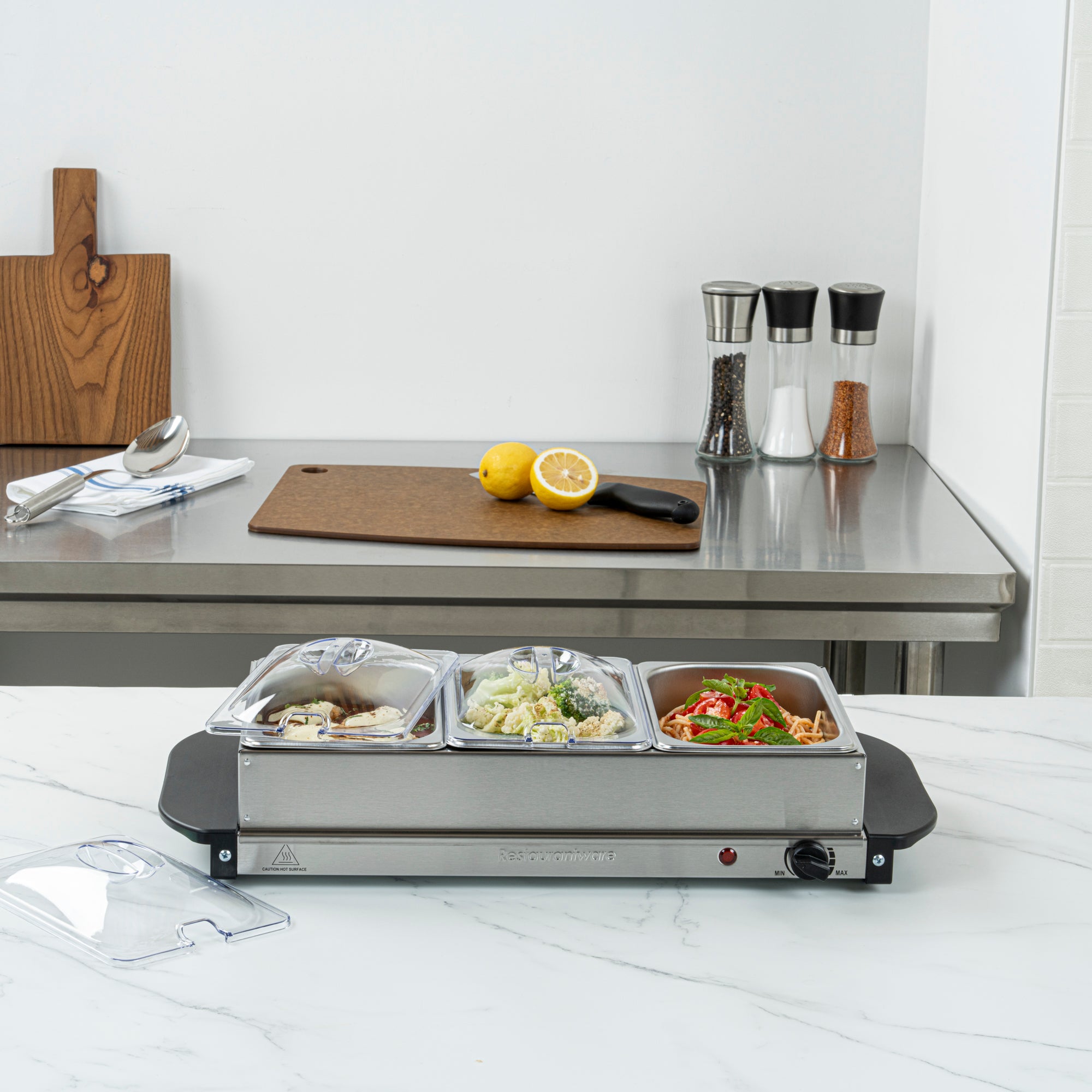 Kitchen Tek Stainless Steel Buffet Server and Food Warmer - 120V, with (3) 1.5 Qt Buffet Pans - 1 count box
