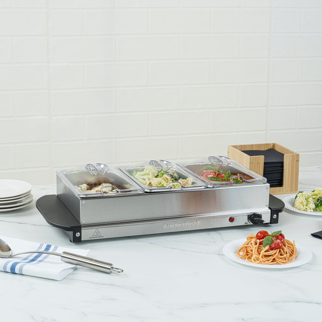 Kitchen Tek Stainless Steel Buffet Server and Food Warmer - 120V, with (3) 1.5 Qt Buffet Pans - 1 count box