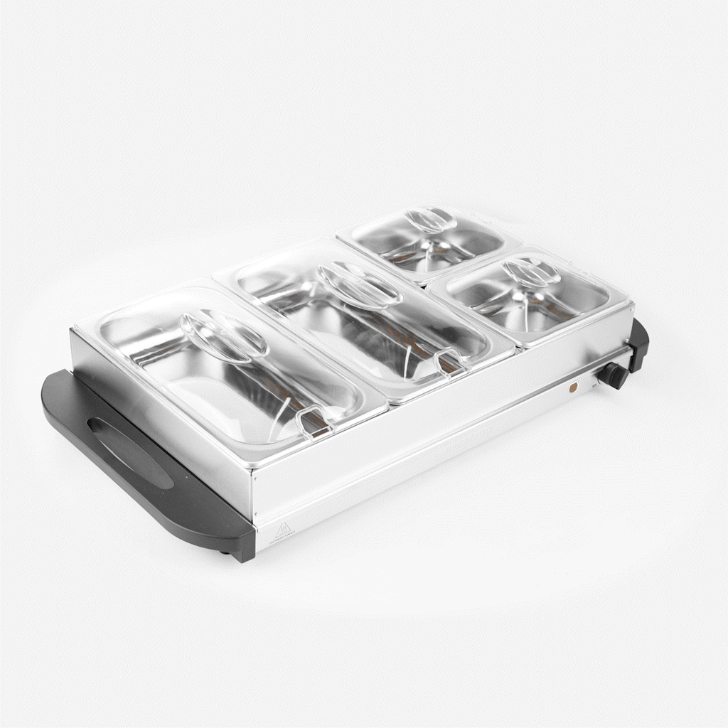 Kitchen Tek Stainless Steel Buffet Server and Food Warmer - 120V, with (2) 1 Qt and (2) 2.5 Qt Buffet Pans - 1 count box
