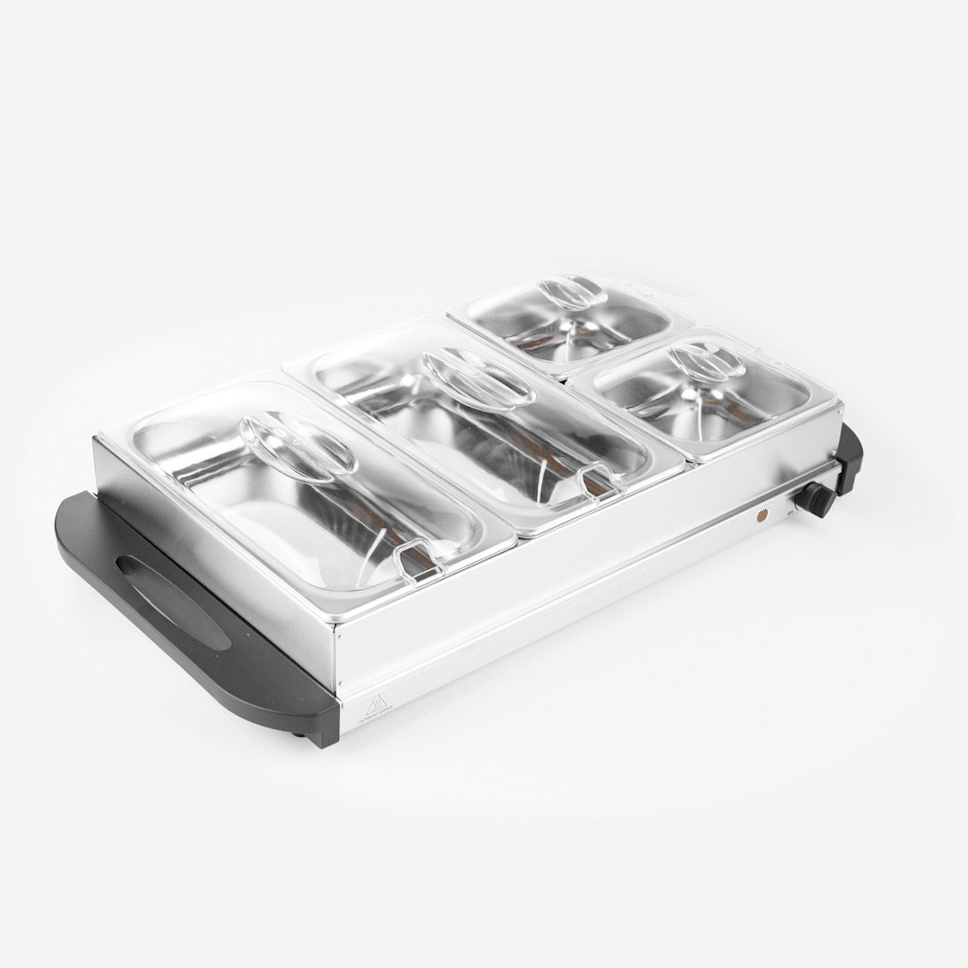 Kitchen Tek Stainless Steel Buffet Server and Food Warmer - 120V, with (2) 1 Qt and (2) 2.5 Qt Buffet Pans - 1 count box