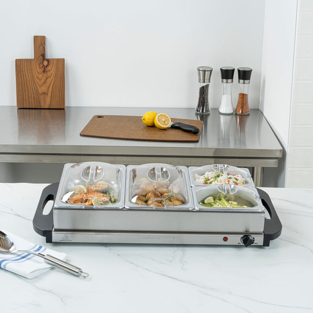 Kitchen Tek Stainless Steel Buffet Server and Food Warmer - 120V, with (2) 1 Qt and (2) 2.5 Qt Buffet Pans - 1 count box