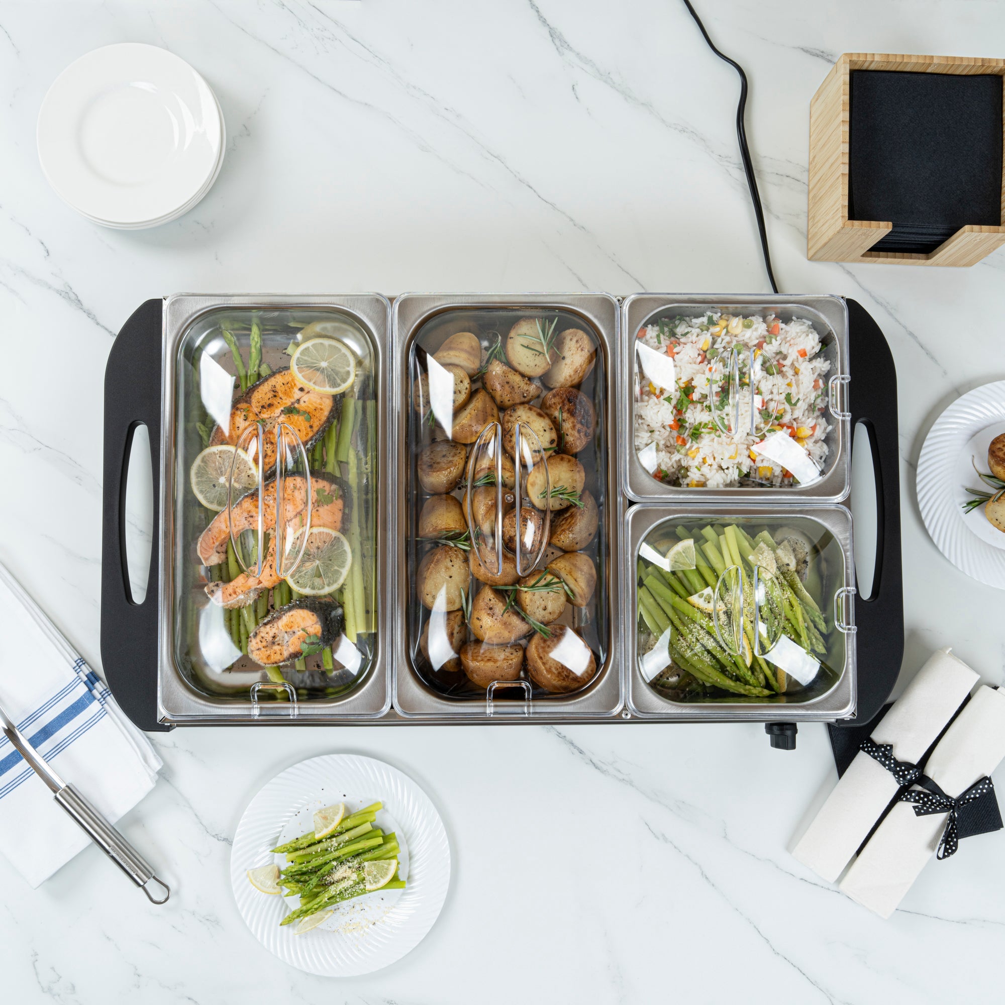 Kitchen Tek Stainless Steel Buffet Server and Food Warmer - 120V, with (2) 1 Qt and (2) 2.5 Qt Buffet Pans - 1 count box