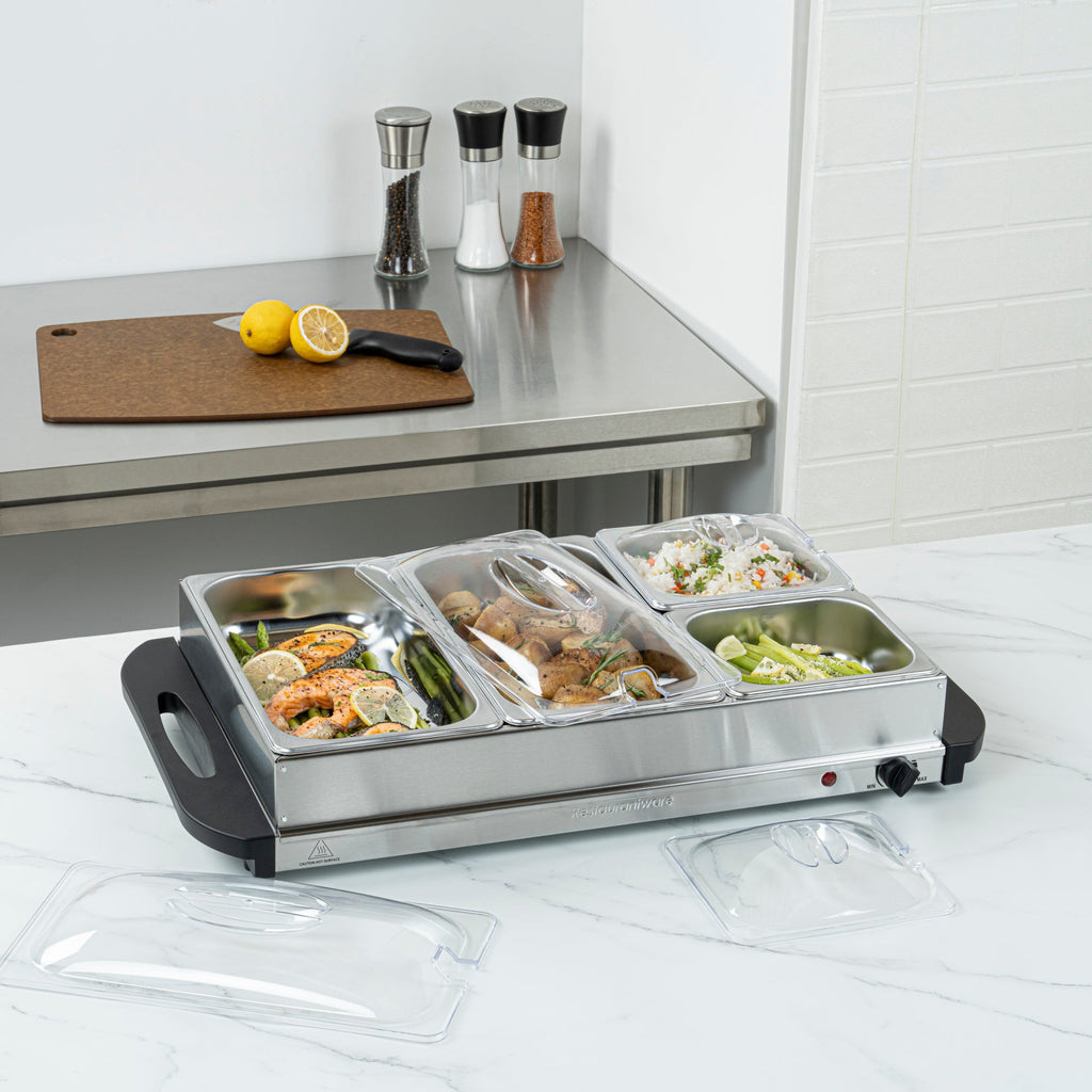 Kitchen Tek Stainless Steel Buffet Server and Food Warmer - 120V, with (2) 1 Qt and (2) 2.5 Qt Buffet Pans - 1 count box