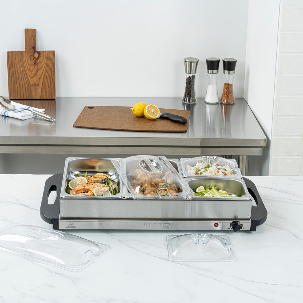 Kitchen Tek Stainless Steel Buffet Server and Food Warmer - 120V, with (2) 1 Qt and (2) 2.5 Qt Buffet Pans - 1 count box