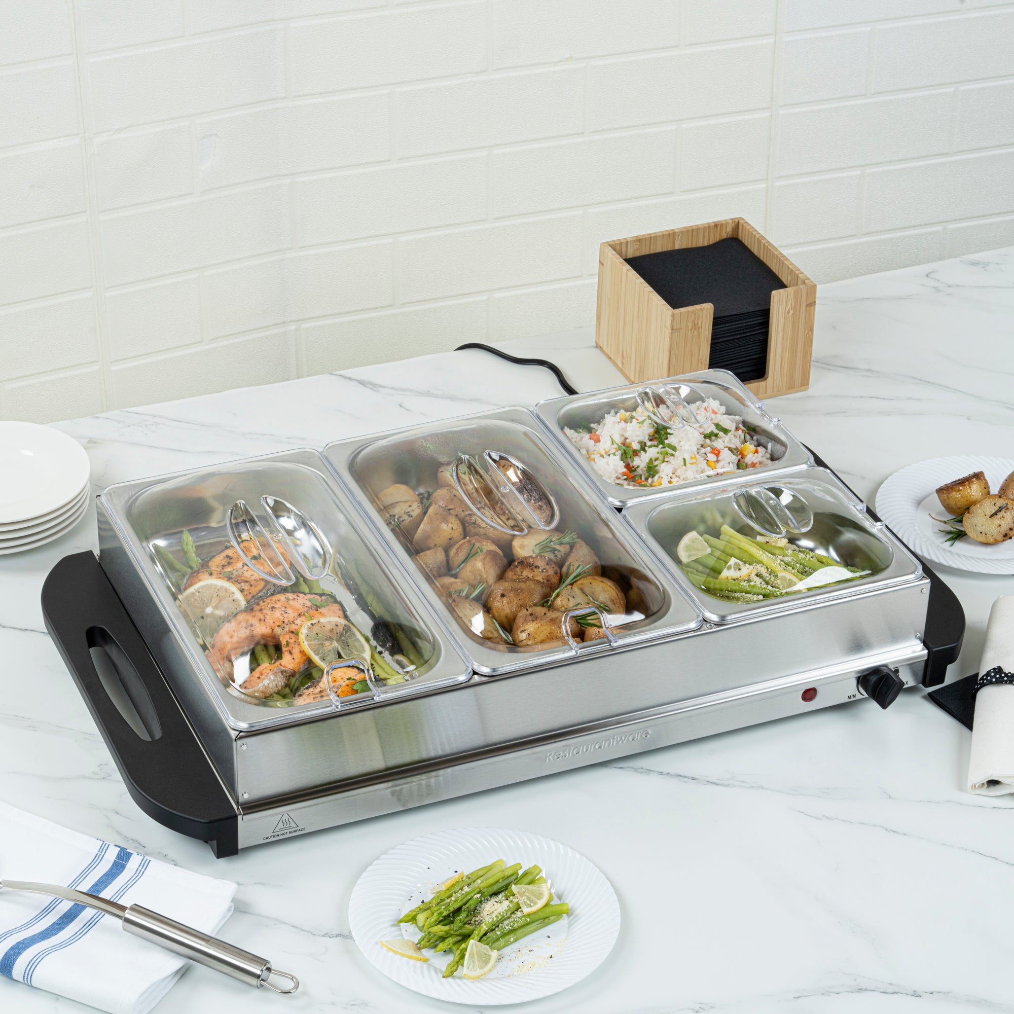 Kitchen Tek Stainless Steel Buffet Server and Food Warmer - 120V, with (2) 1 Qt and (2) 2.5 Qt Buffet Pans - 1 count box