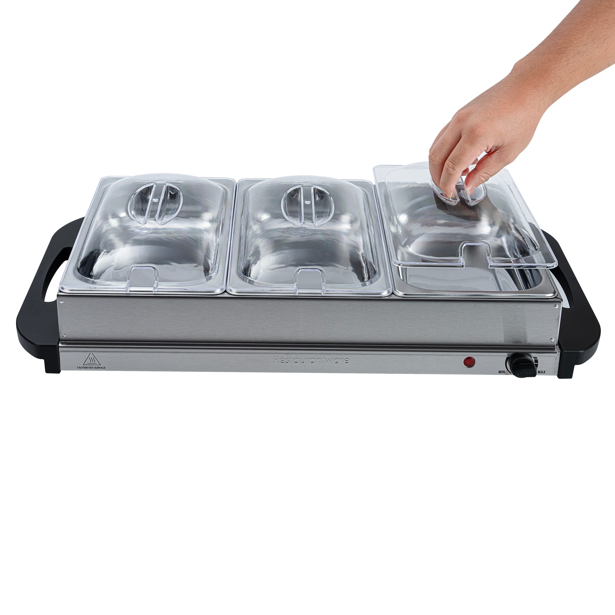 Kitchen Tek Stainless Steel Buffet Server and Food Warmer - 120V, with (3) 2.5 Qt Buffet Pans - 1 count box