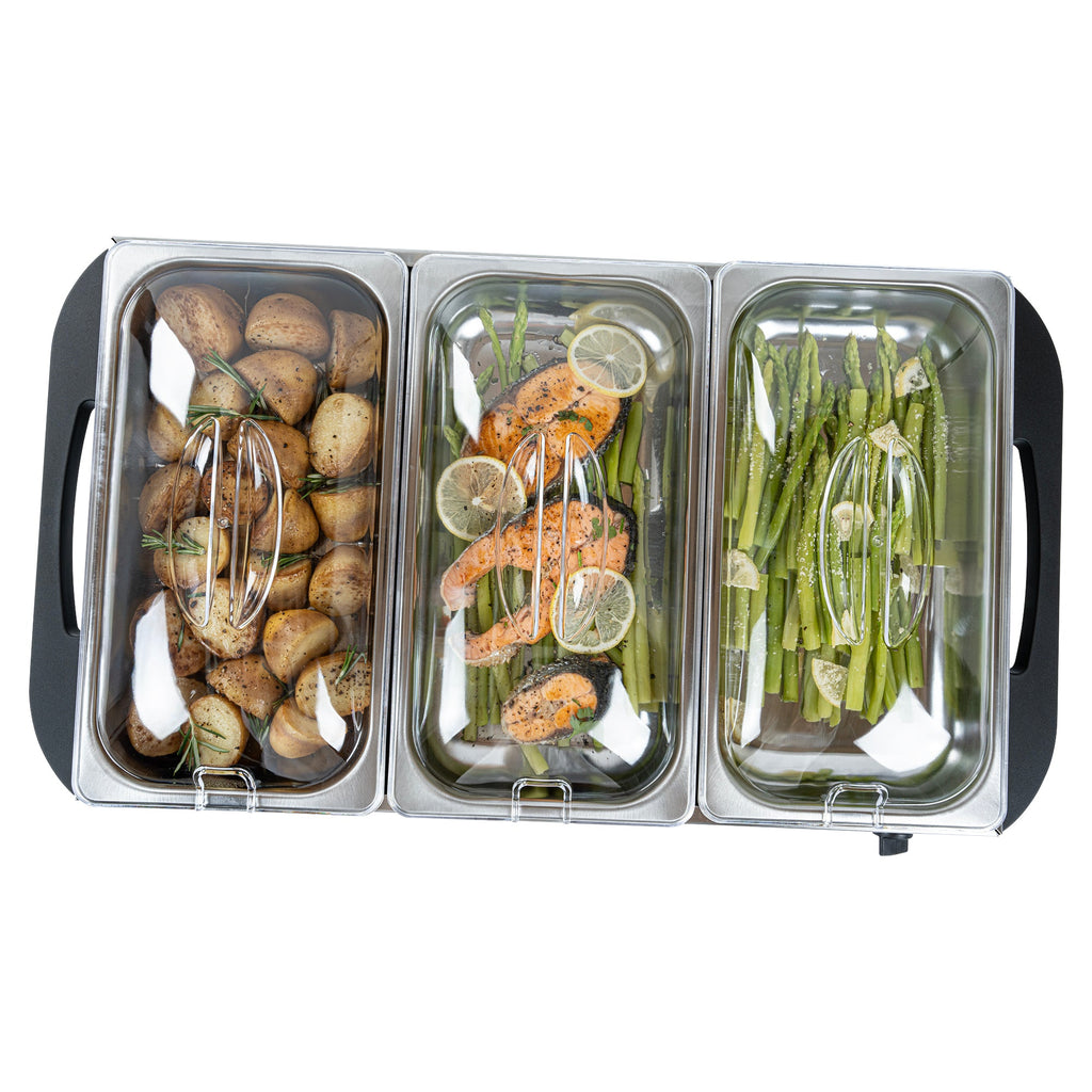 Kitchen Tek Stainless Steel Buffet Server and Food Warmer - 120V, with (3) 2.5 Qt Buffet Pans - 1 count box
