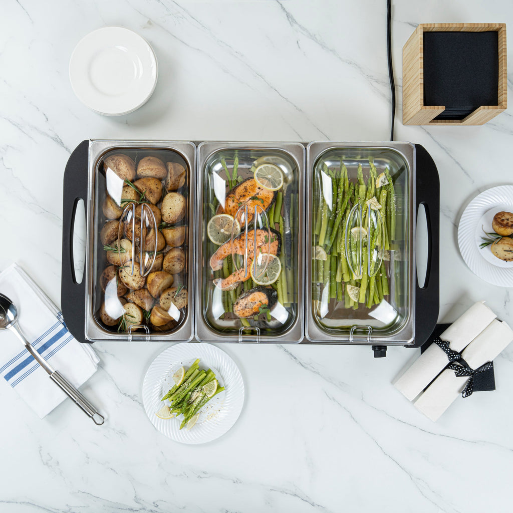 Kitchen Tek Stainless Steel Buffet Server and Food Warmer - 120V, with (3) 2.5 Qt Buffet Pans - 1 count box