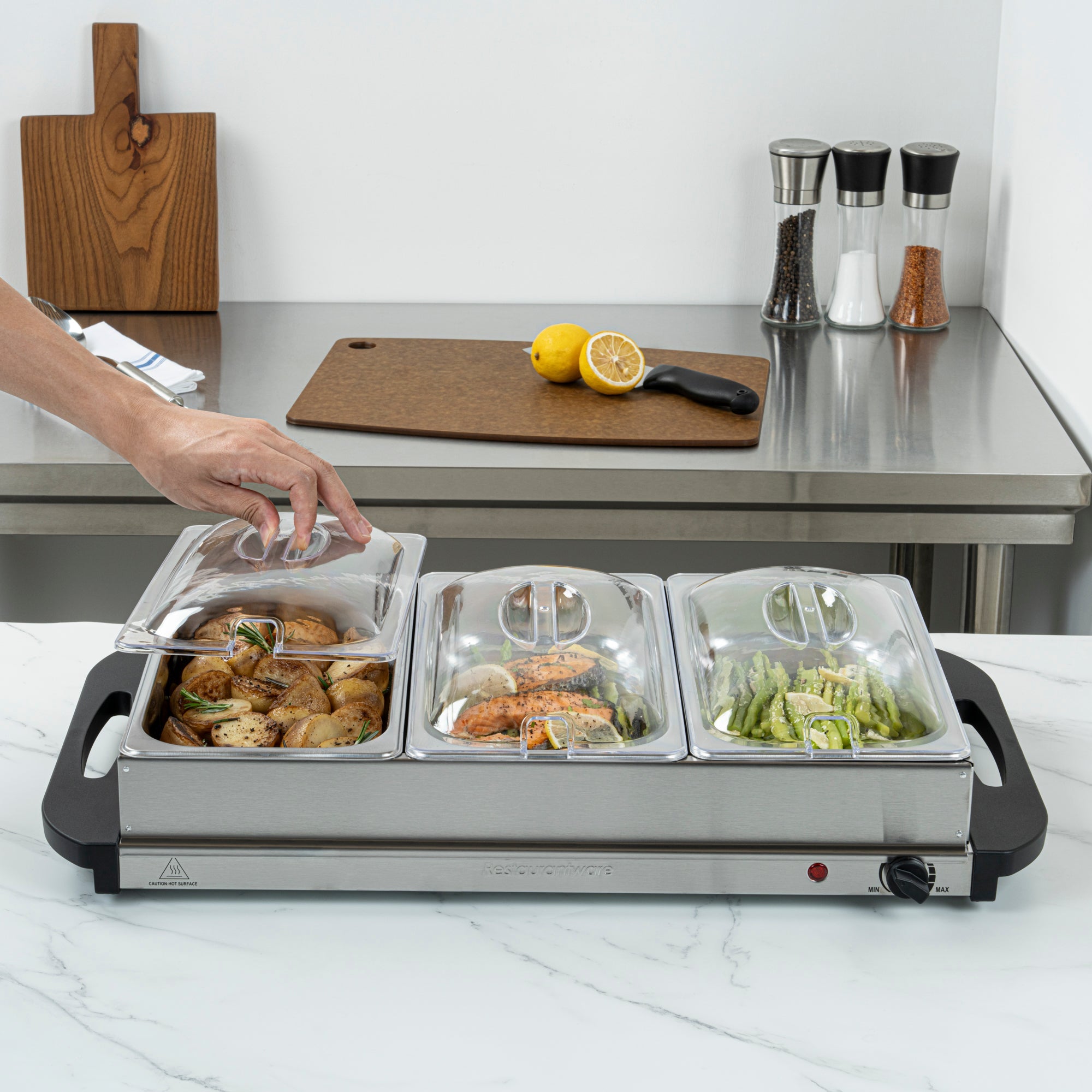 Kitchen Tek Stainless Steel Buffet Server and Food Warmer - 120V, with (3) 2.5 Qt Buffet Pans - 1 count box