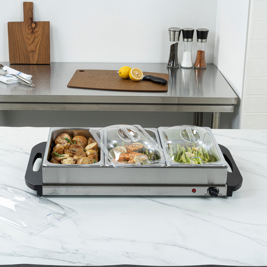 Kitchen Tek Stainless Steel Buffet Server and Food Warmer - 120V, with (3) 2.5 Qt Buffet Pans - 1 count box