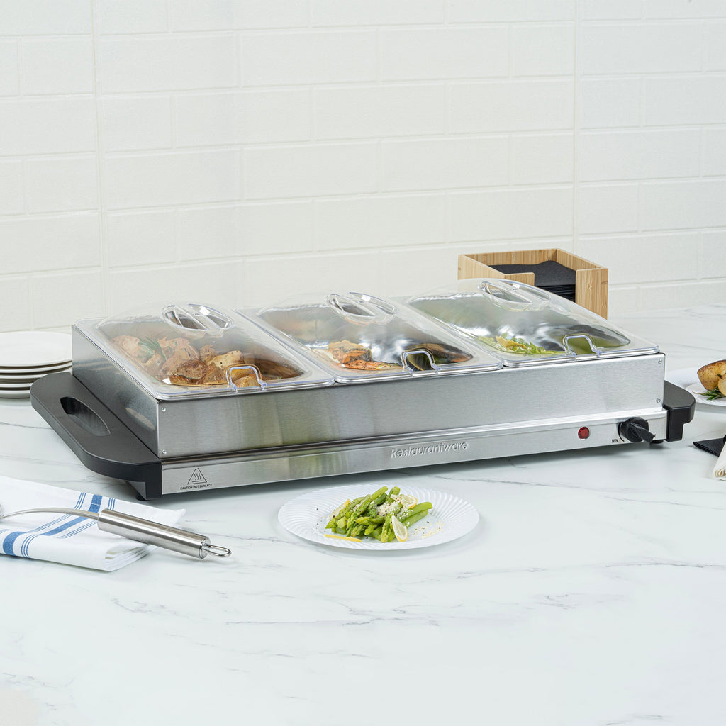 Kitchen Tek Stainless Steel Buffet Server and Food Warmer - 120V, with (3) 2.5 Qt Buffet Pans - 1 count box