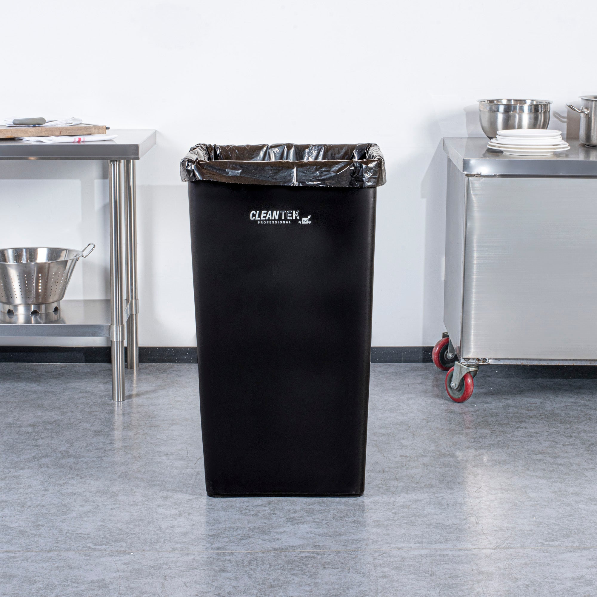 Clean Tek Professional 50 gal Square Black Plastic Trash Can - 19 1/2" x 19 1/2" x 34 1/4" - 1 count box