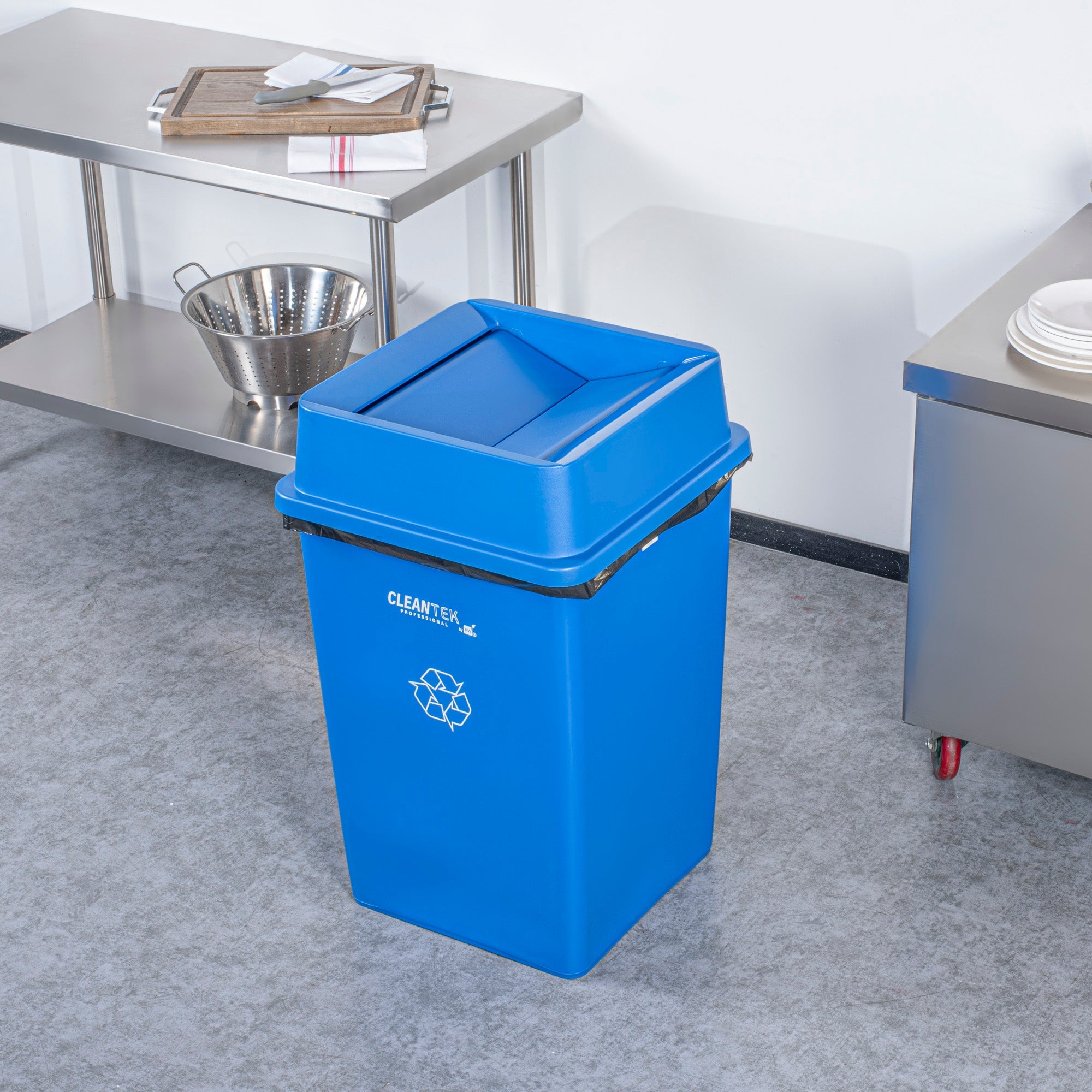 Clean Tek Professional Square Blue Plastic Swing Lid - Fits 35 / 50 gal Square Recycling Bin - 1 count box