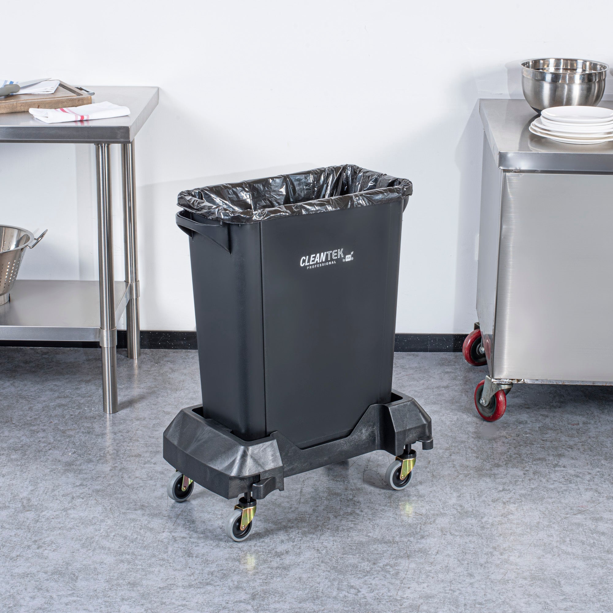 Clean Tek Professional Black Trainable Dolly - Fits 15 / 23 gal Slim Trash Can - 1 count box