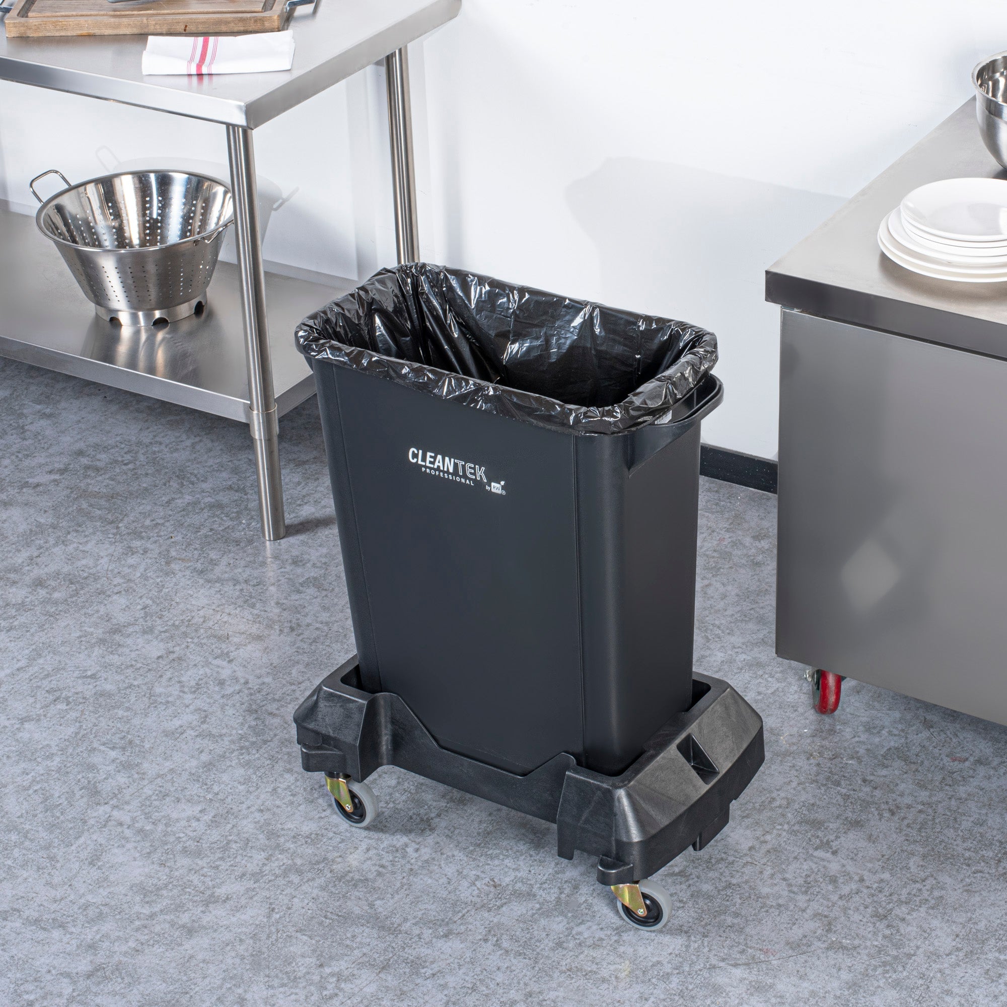 Clean Tek Professional Black Trainable Dolly - Fits 15 / 23 gal Slim Trash Can - 1 count box