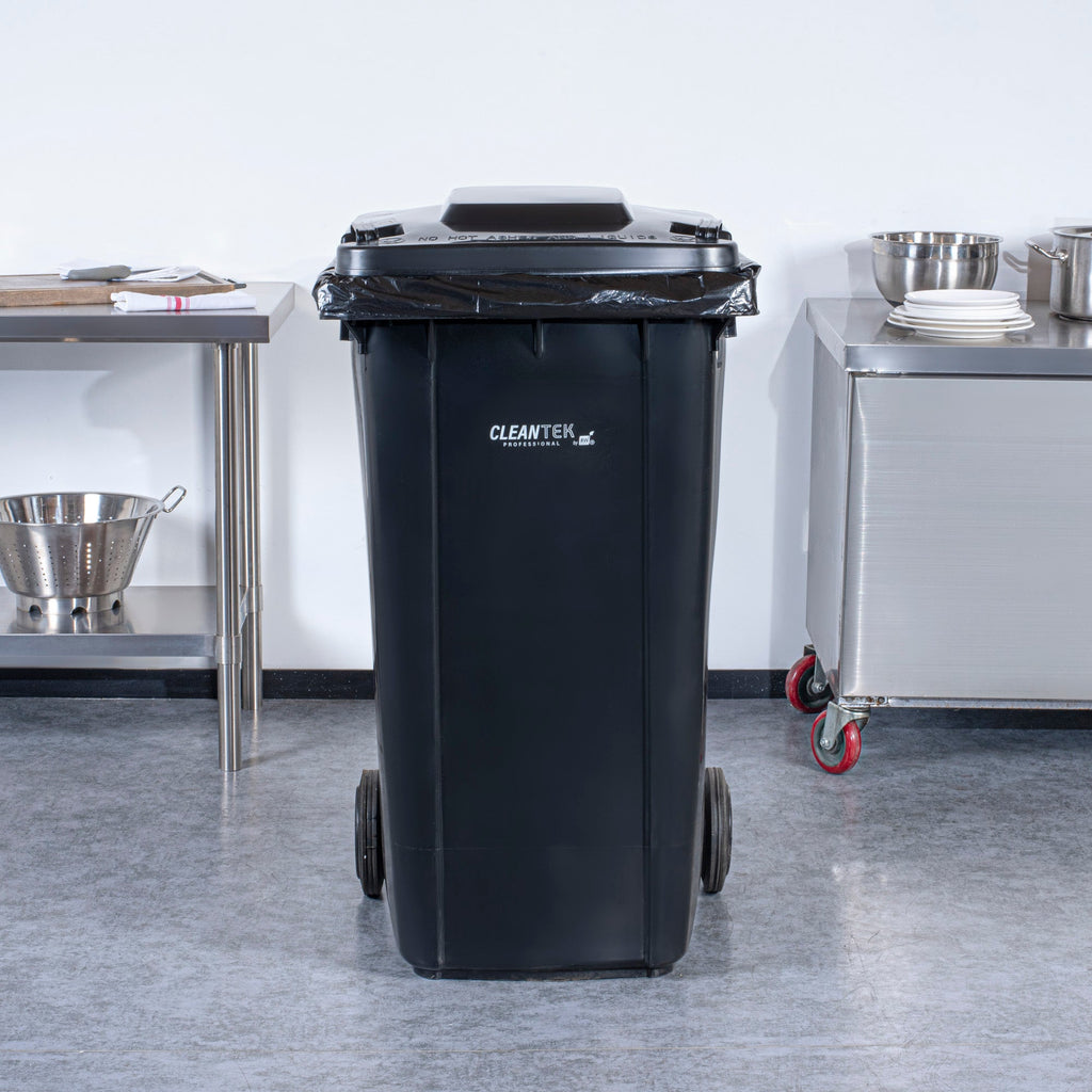 Clean Tek Professional 64 gal Rectangle Black Plastic Wheeled Trash Can - with Lid - 28 1/2" x 23" x 43" - 1 count box