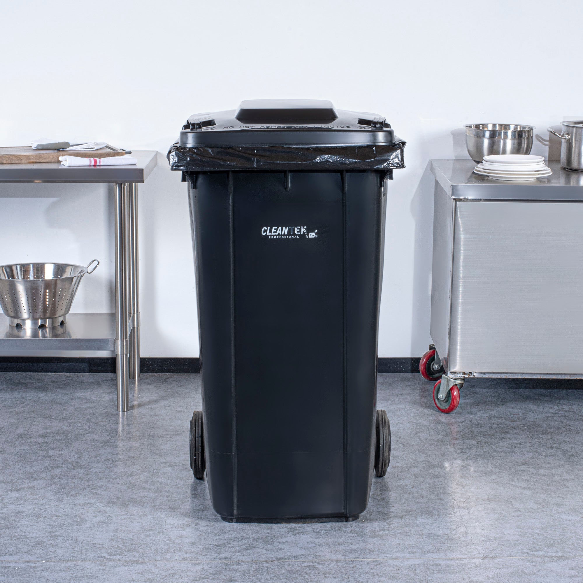 Clean Tek Professional 64 gal Rectangle Black Plastic Wheeled Trash Can - with Lid - 28 1/2" x 23" x 43" - 1 count box