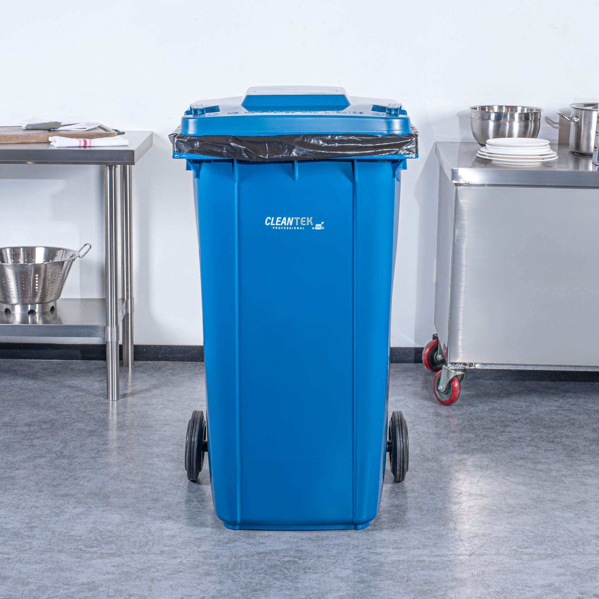 Clean Tek Professional 64 gal Rectangle Blue Plastic Wheeled Trash Can - with Lid - 28 1/2" x 23" x 43" - 1 count box