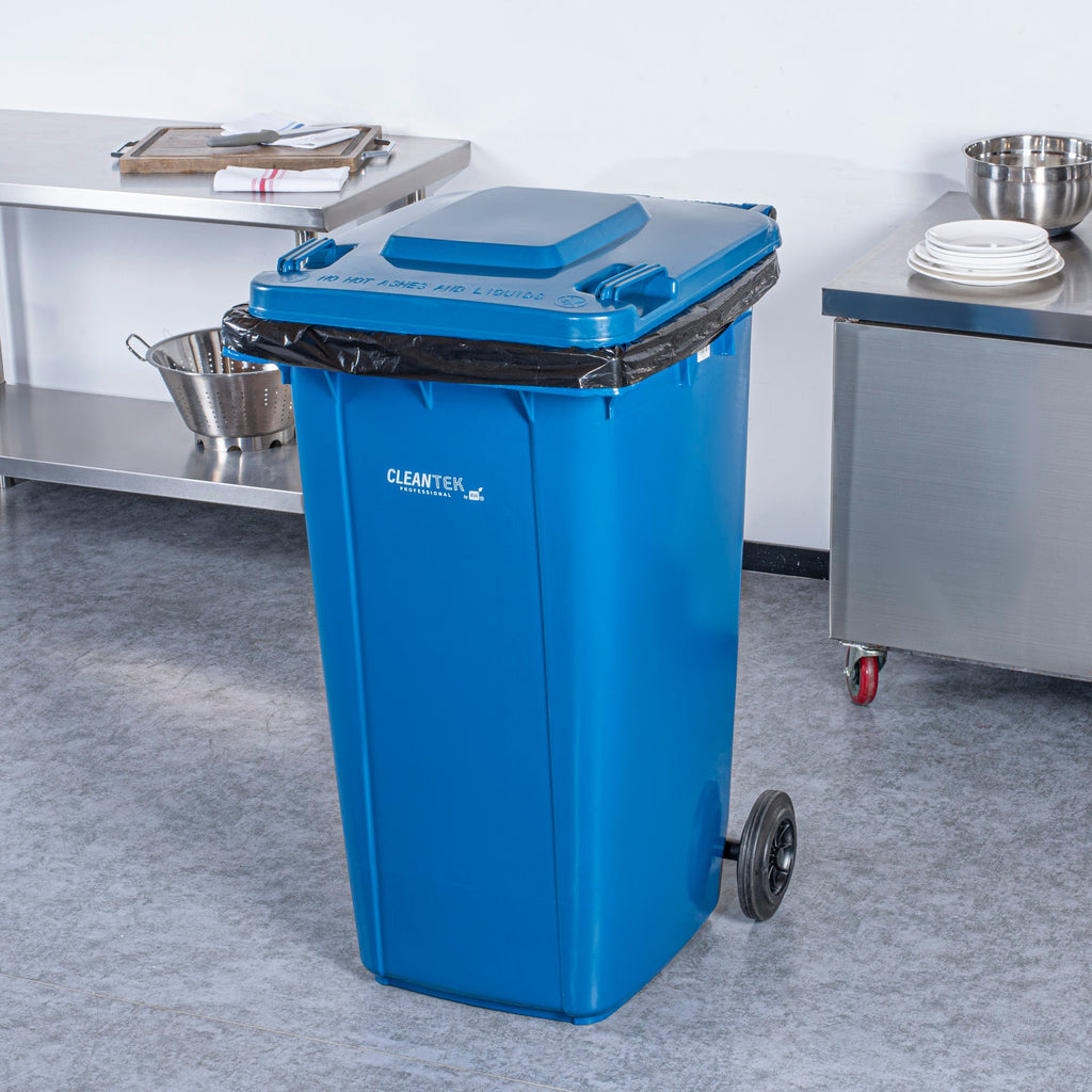 Clean Tek Professional 64 gal Rectangle Blue Plastic Wheeled Trash Can - with Lid - 28 1/2" x 23" x 43" - 1 count box