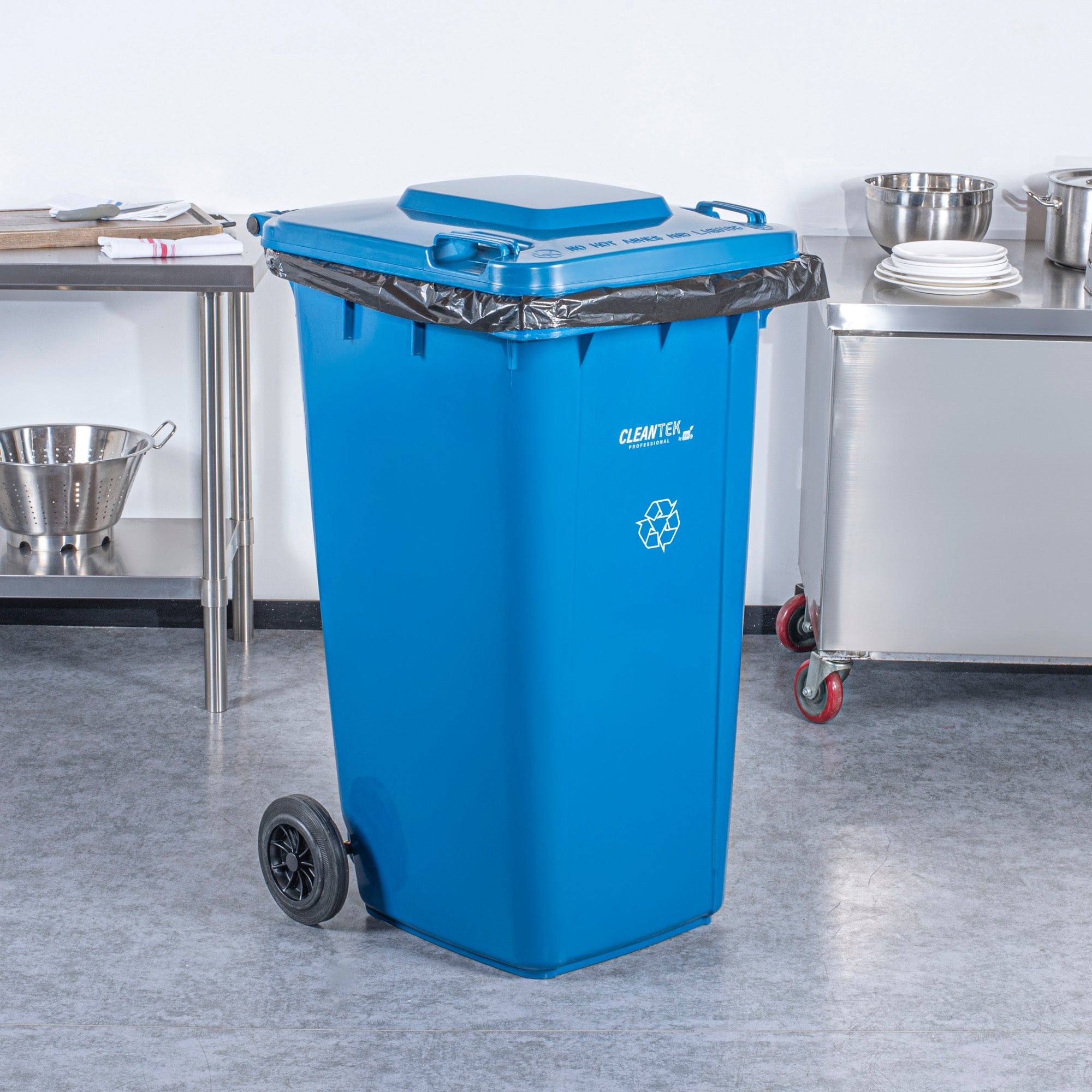 Clean Tek Professional 64 gal Rectangle Blue Plastic Wheeled Recycling Bin - with Lid - 28 1/2" x 23" x 43" - 1 count box
