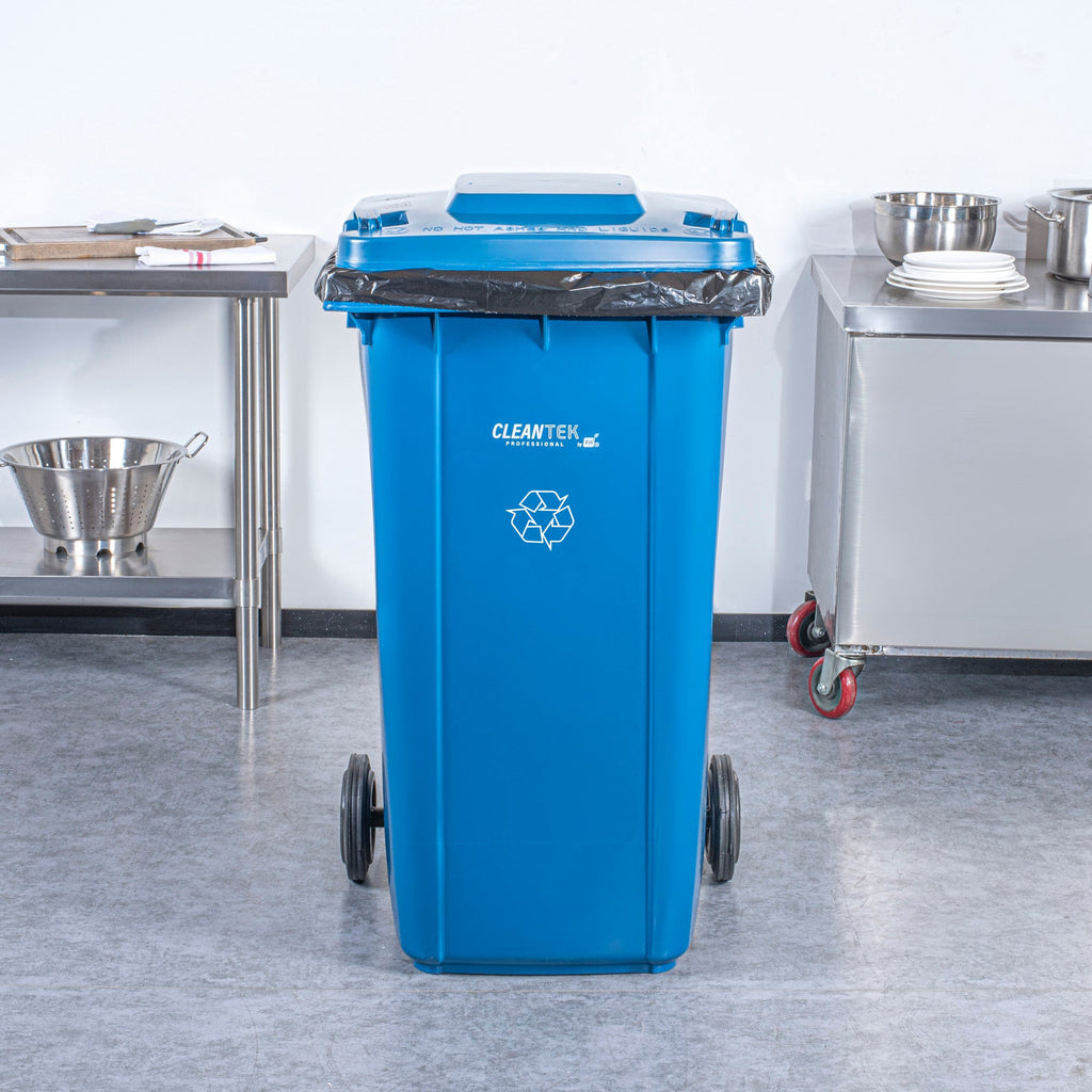 Clean Tek Professional 64 gal Rectangle Blue Plastic Wheeled Recycling Bin - with Lid - 28 1/2" x 23" x 43" - 1 count box