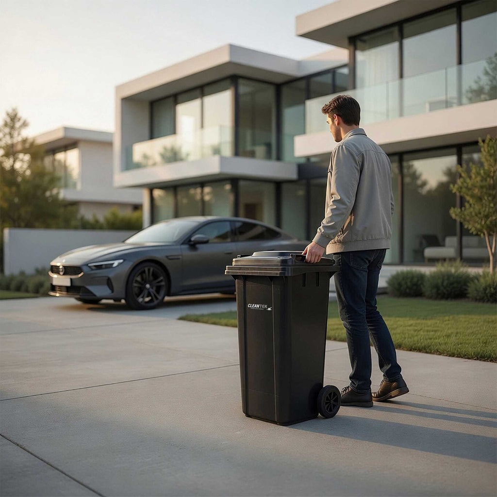 Clean Tek Professional 32 gal Rectangle Black Plastic Wheeled Trash Can - with Lid - 22 1/2" x 19" x 37 1/2" - 1 count box