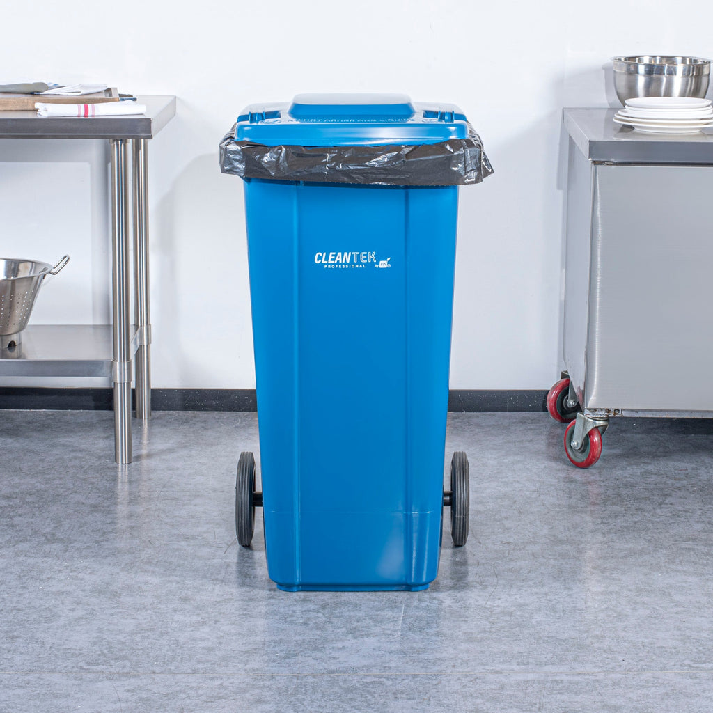 Clean Tek Professional 32 gal Rectangle Blue Plastic Wheeled Trash Can - with Lid - 22 1/2" x 19" x 37 1/2" - 1 count box
