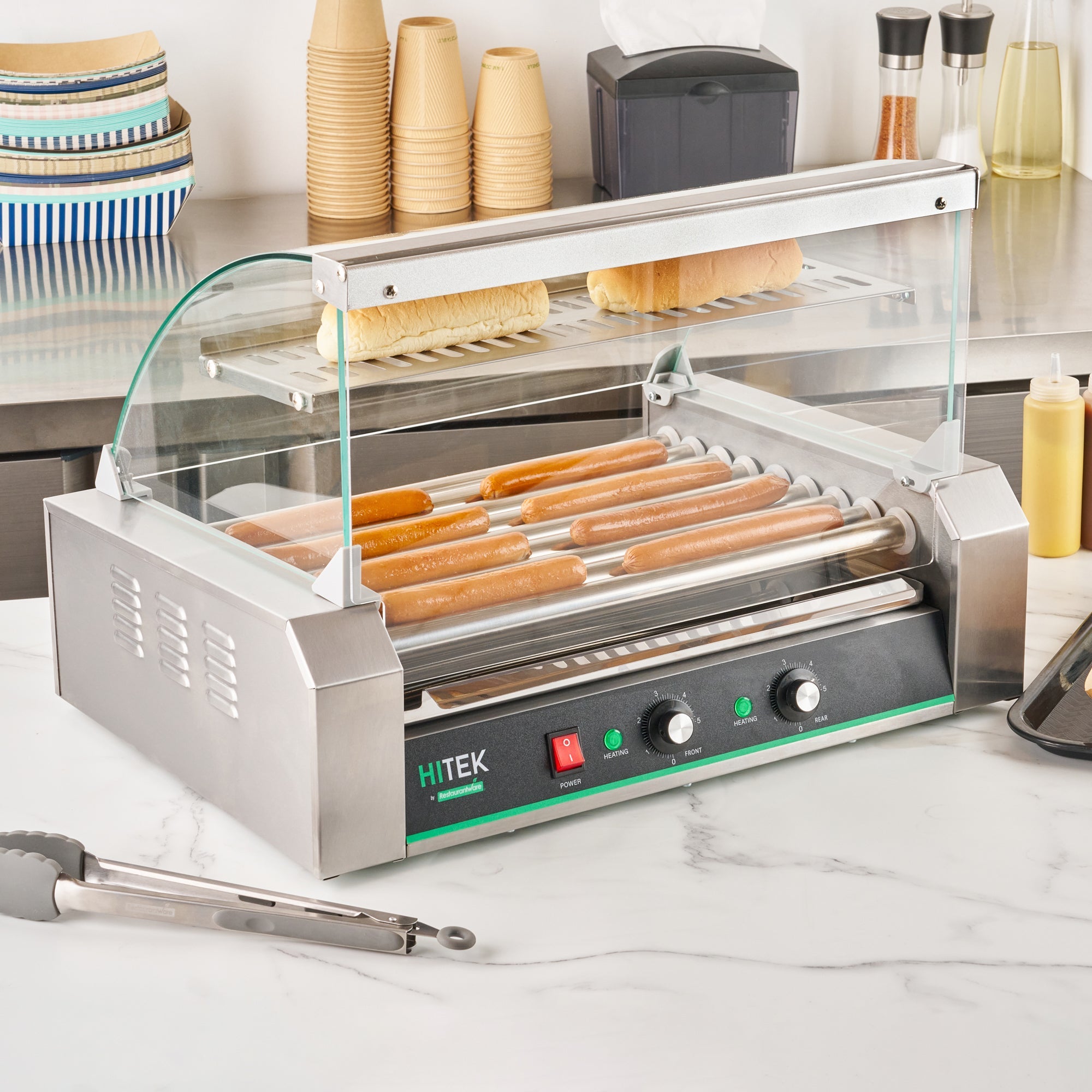 Hi Tek Hot Dog Roller Grill Warmer - Fits 24 and 4 Buns, Curved Glass, Sneeze Guard - 1 count box