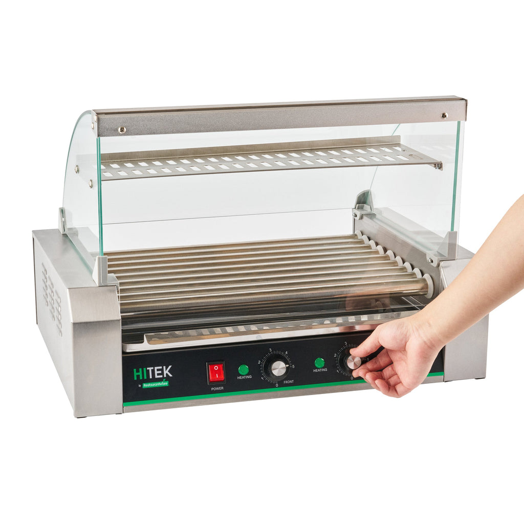 Hi Tek Hot Dog Roller Grill Warmer - Fits 24 and 4 Buns, Curved Glass, Sneeze Guard - 1 count box