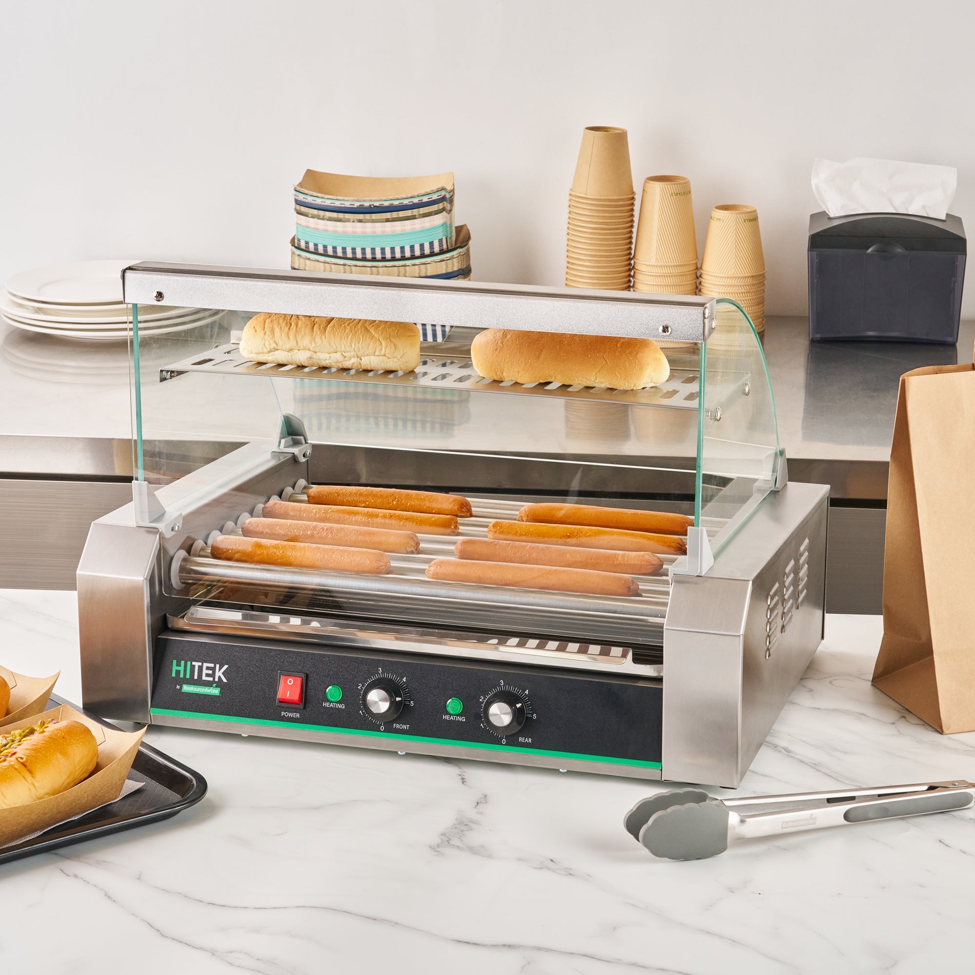 Hi Tek Hot Dog Roller Grill Warmer - Fits 24 and 4 Buns, Curved Glass, Sneeze Guard - 1 count box