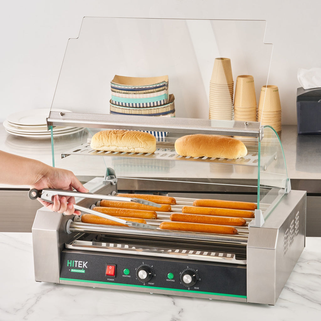 Hi Tek Hot Dog Roller Grill Warmer - Fits 24 and 4 Buns, Curved Glass, Sneeze Guard - 1 count box