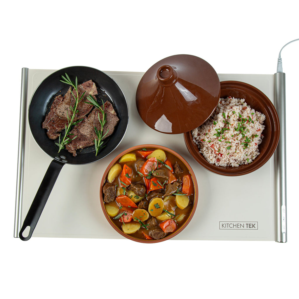 Kitchen Tek Beige Silicone Food Warmer Mat - 120V, Adjustable Temperature, Roll Up - 26 1/4" x 16 3/4" x 1" - 1 count box