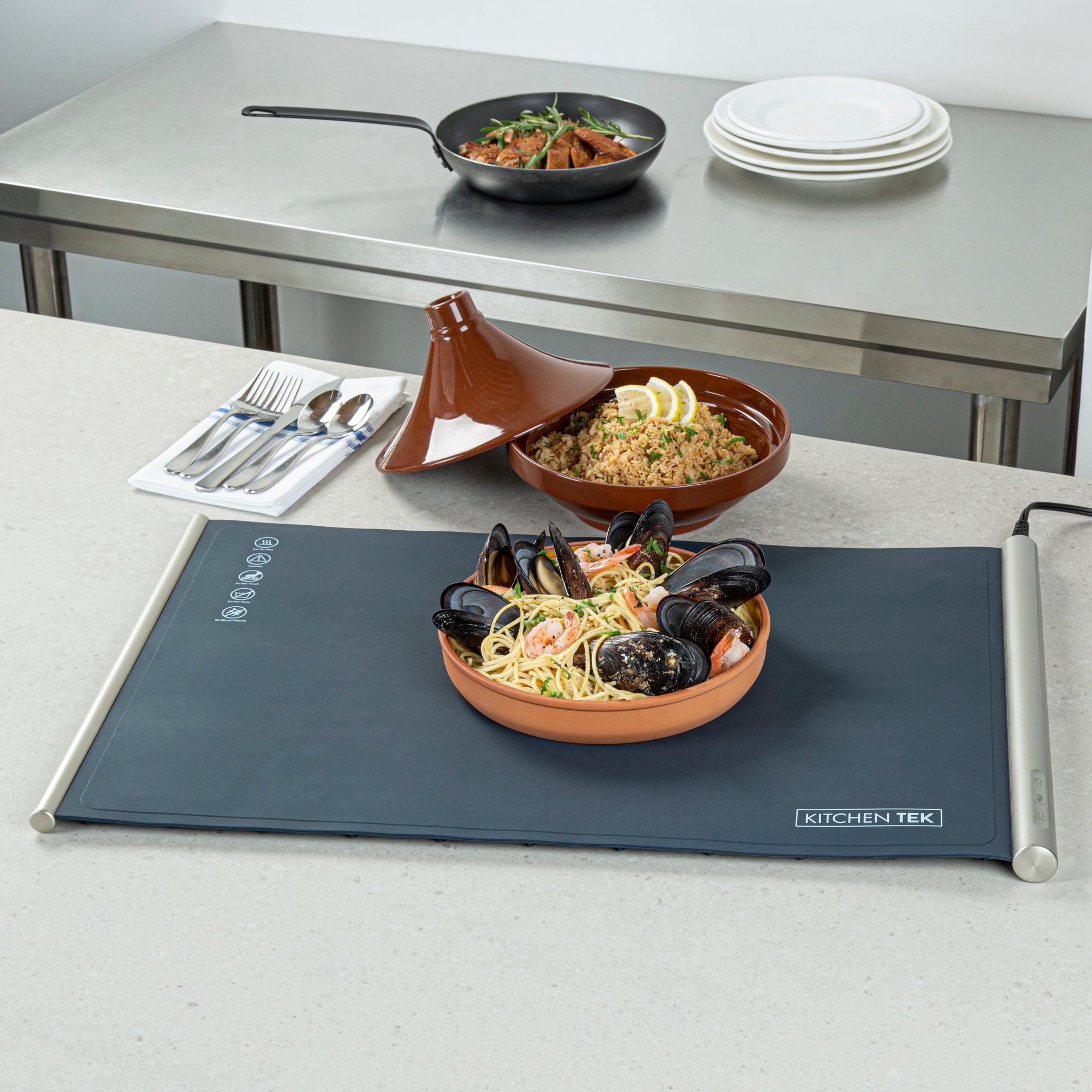 Kitchen Tek Dark Blue Silicone Food Warmer Mat - 120V, Adjustable Temperature, Roll Up - 26 1/4" x 16 3/4" x 1" - 1 count box